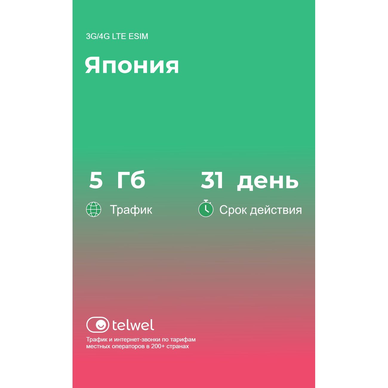 eSIM Telwel пакет Япония 5Гб 31 день