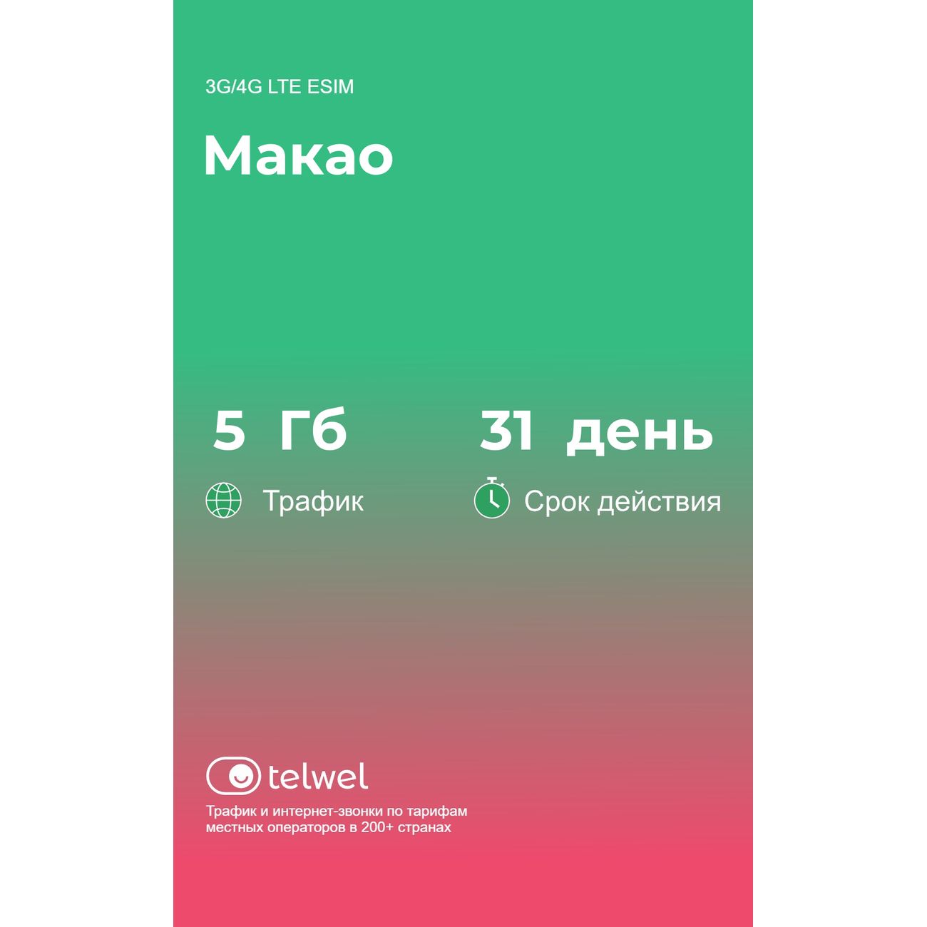 eSIM Telwel пакет Макао 5Гб 31 день