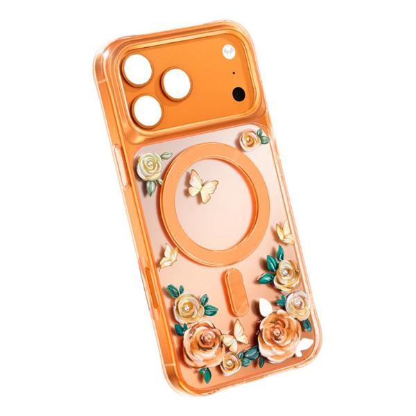 Чехол для смартфона, телефона Keephone Apple iPhone 17 Pro RoseLand MagSafe Австрийские кристаллы и 3D-роза, Магниты N52 покрытие IML Оранжевый