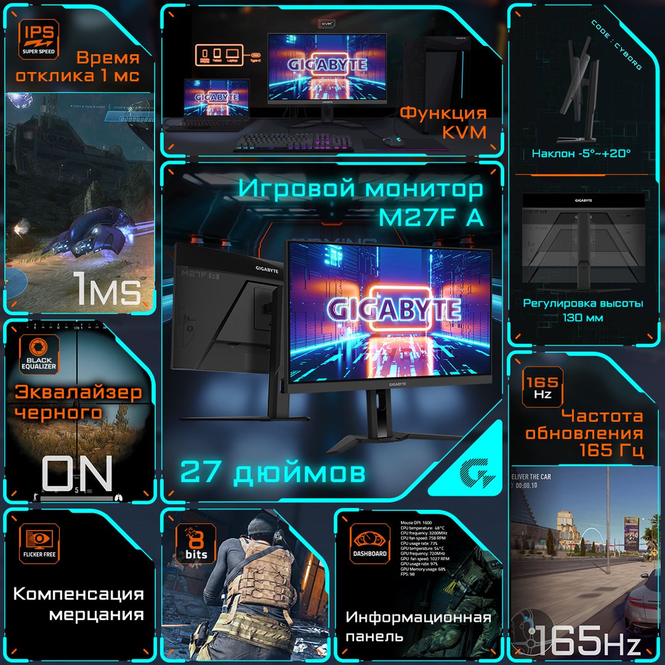 Монитор игровой GIGABYTE 27" IPS черный M27F A-EK