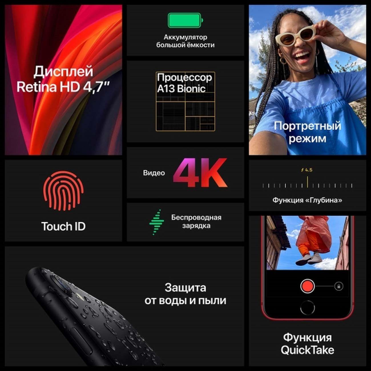 Восстановленный смартфон Apple iPhone SE 2020 64GB nanoSim/eSim Black, рабочий (без RuStore)