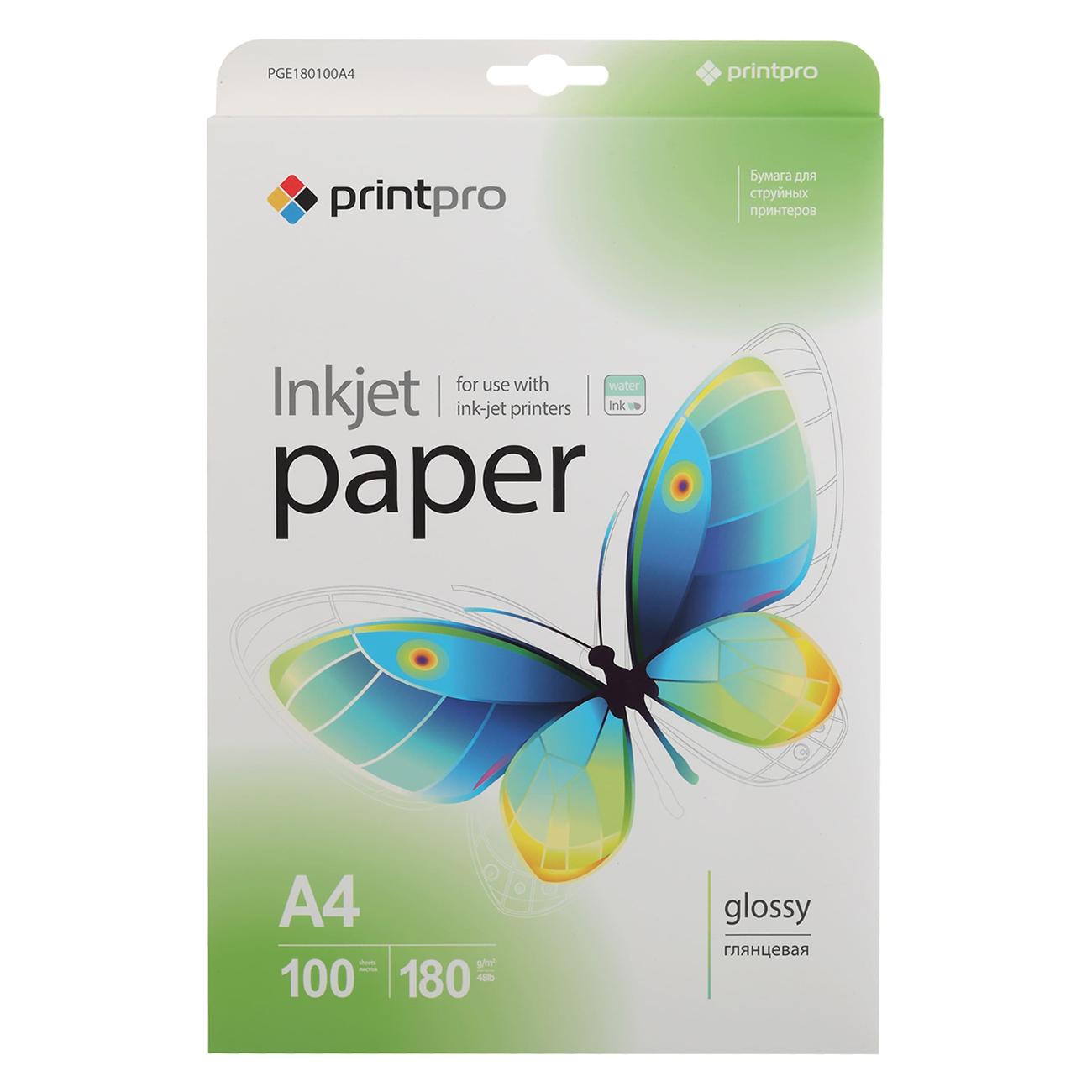 Фотобумага для принтера PrintPro PGE180100A4 glossy 180g/m, A4, 100pc.