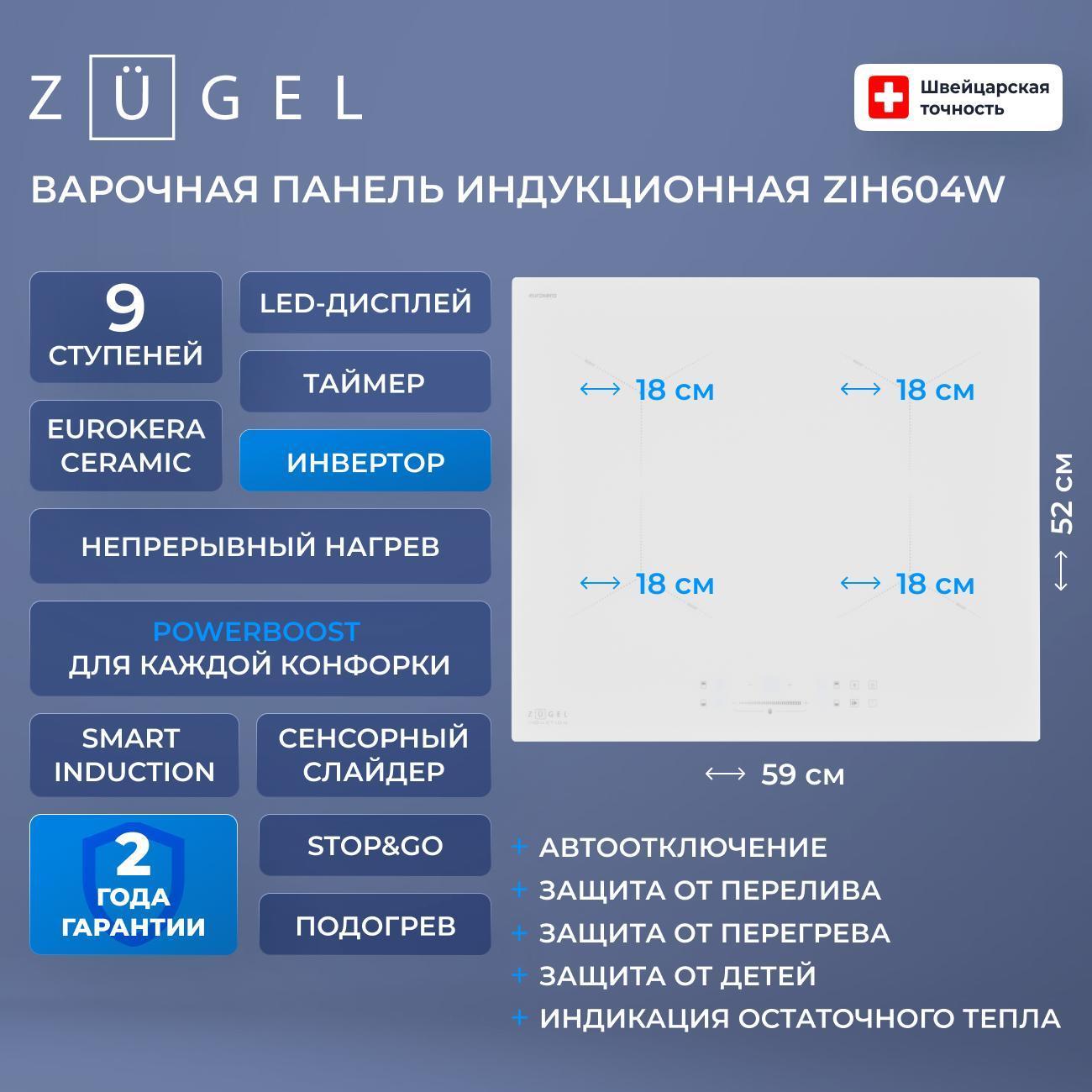 Встраиваемая индукционная панель независимая ZUGEL ZIH604W фото
