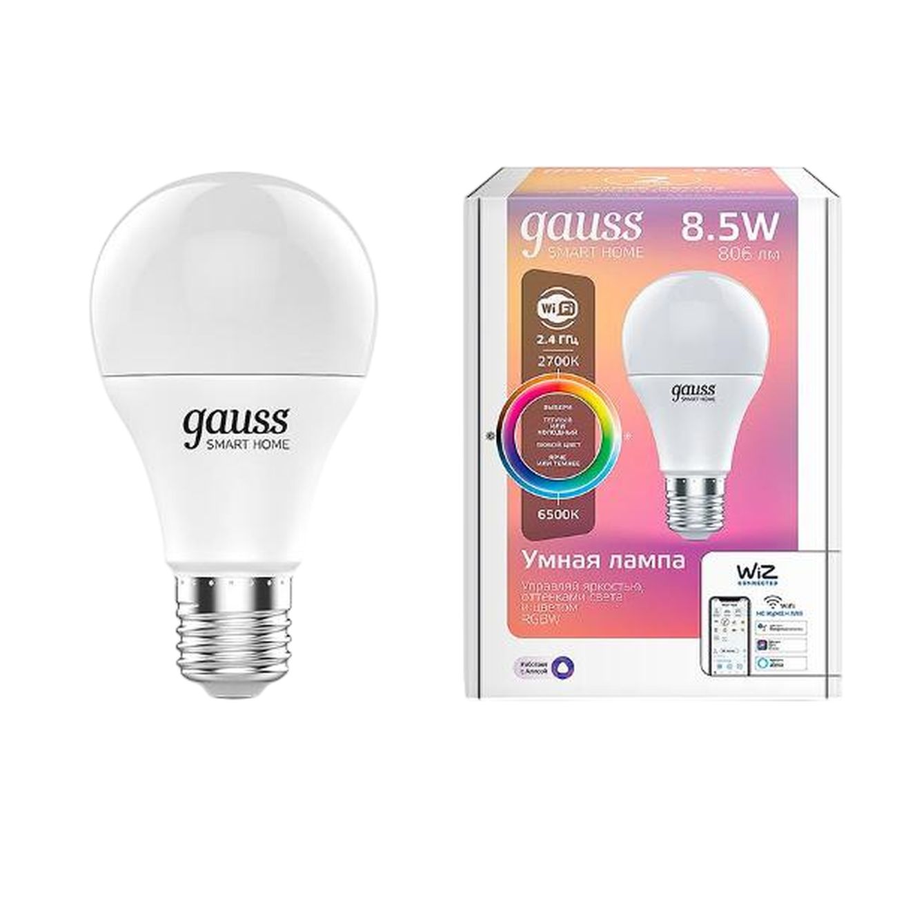 Умная лампочка Gauss Smart Home RGBW E27 A60 8.5W (1170112)