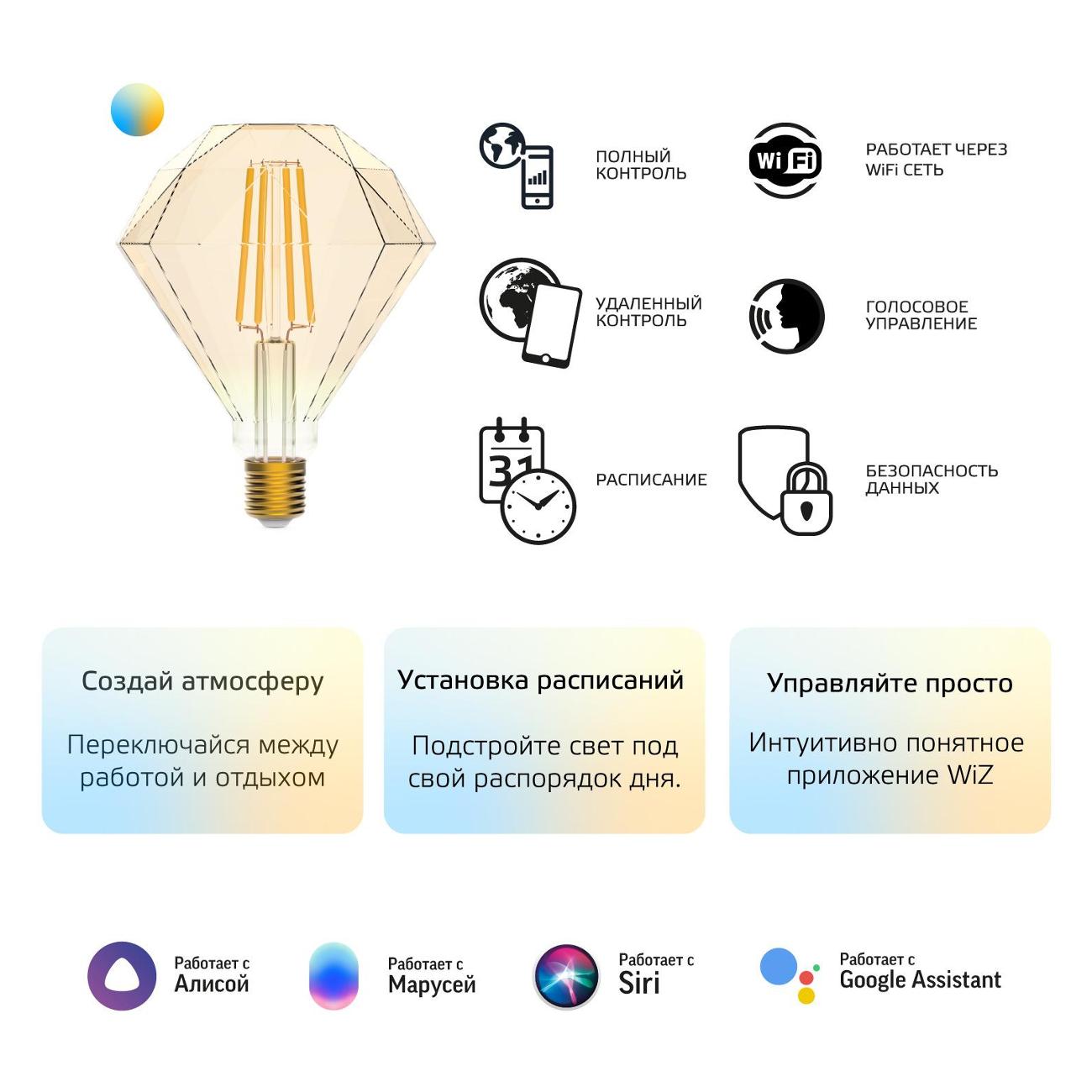 Умная лампочка Gauss Smart Home DIM+CCT E27 D.Golden 6,5W 2000-5500К