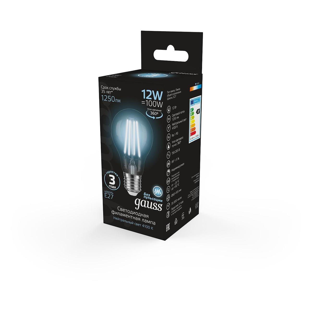 Лампа Gauss Filament А60 12W 1250lm 4100К Е27 LED