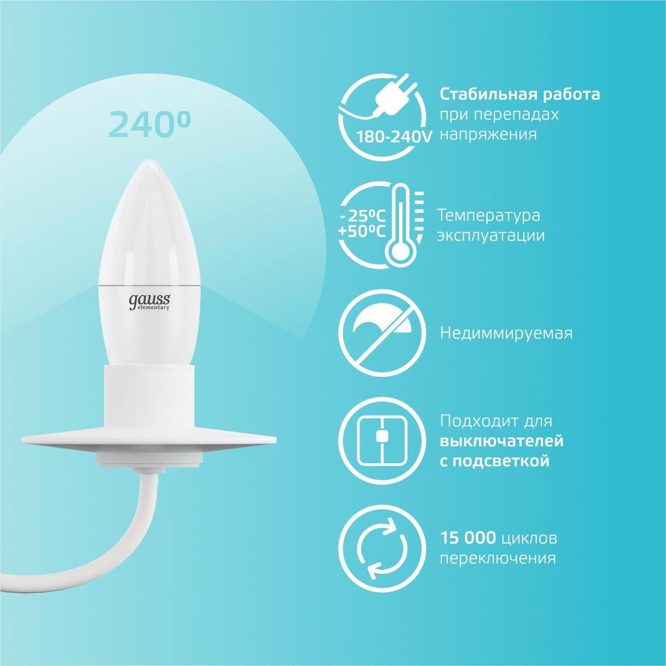 Лампа Gauss Elementary Свеча 12W 950lm 4100K E27 (10шт.)