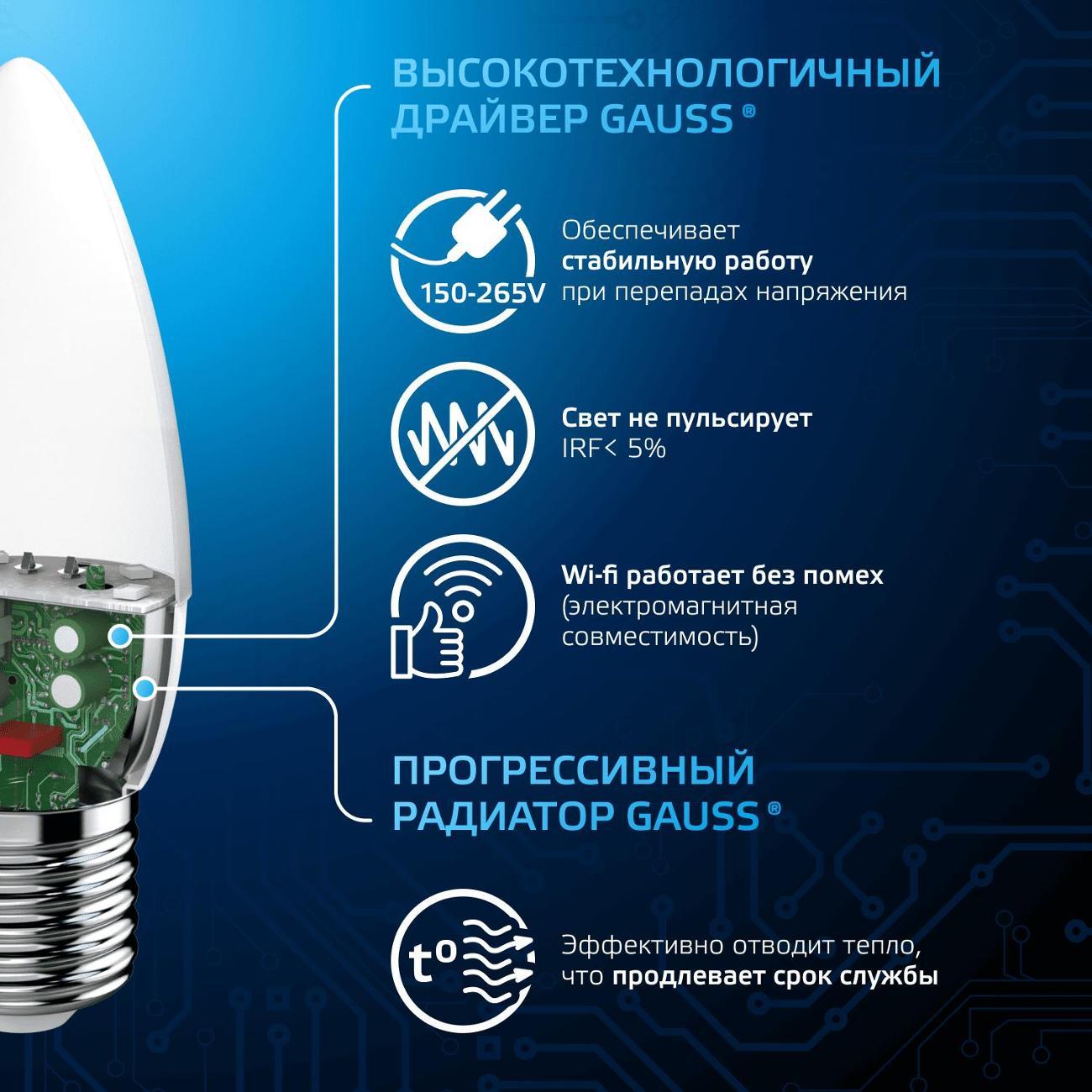 Лампа Gauss Свеча 6.5W 550lm 6500К E27 LED  (10 шт.)