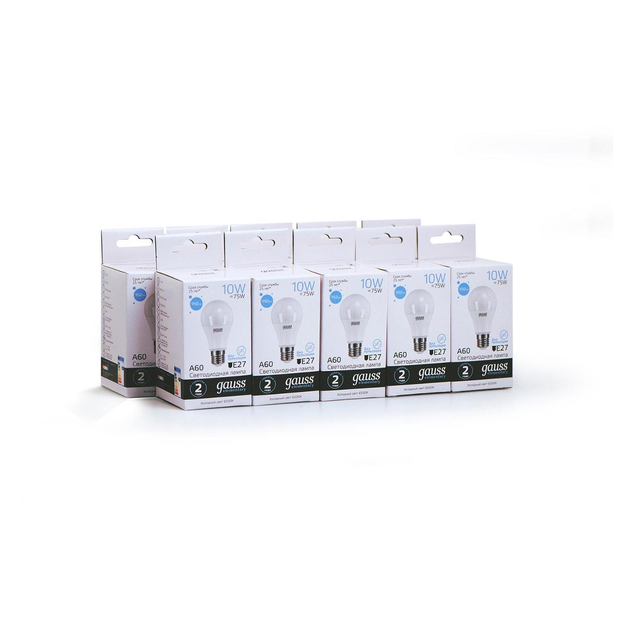 Лампа Gauss Elementary A60 10W 950lm 6500K Е27 LED  (10 шт.)