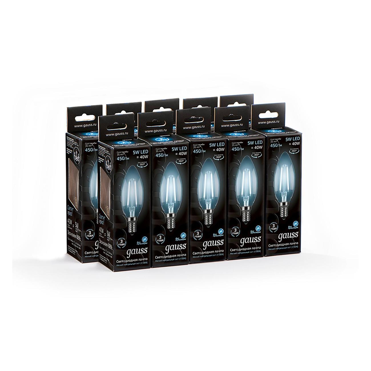 Лампочка Gauss Filament Свеча 5W 450lm 4100К Е14 LED  (10 шт.)