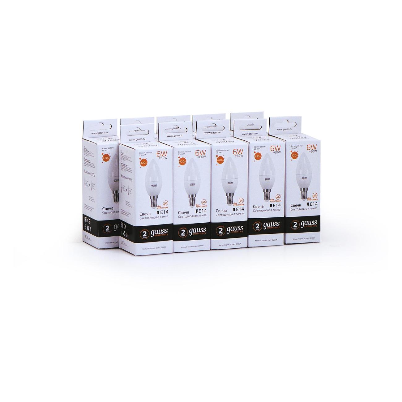 Лампа Gauss Elementary Свеча 6W 420lm 3000K Е14 LED  (10 шт.)