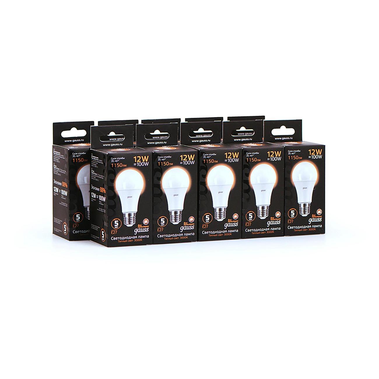 Лампа Gauss A60 12W 1150lm 3000K E27 LED  (10 шт.)