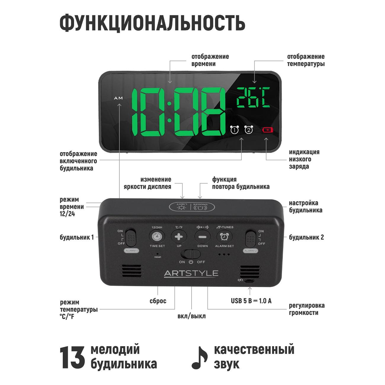 Часы настольные электронные ARTSTYLE CL-B80GR черные