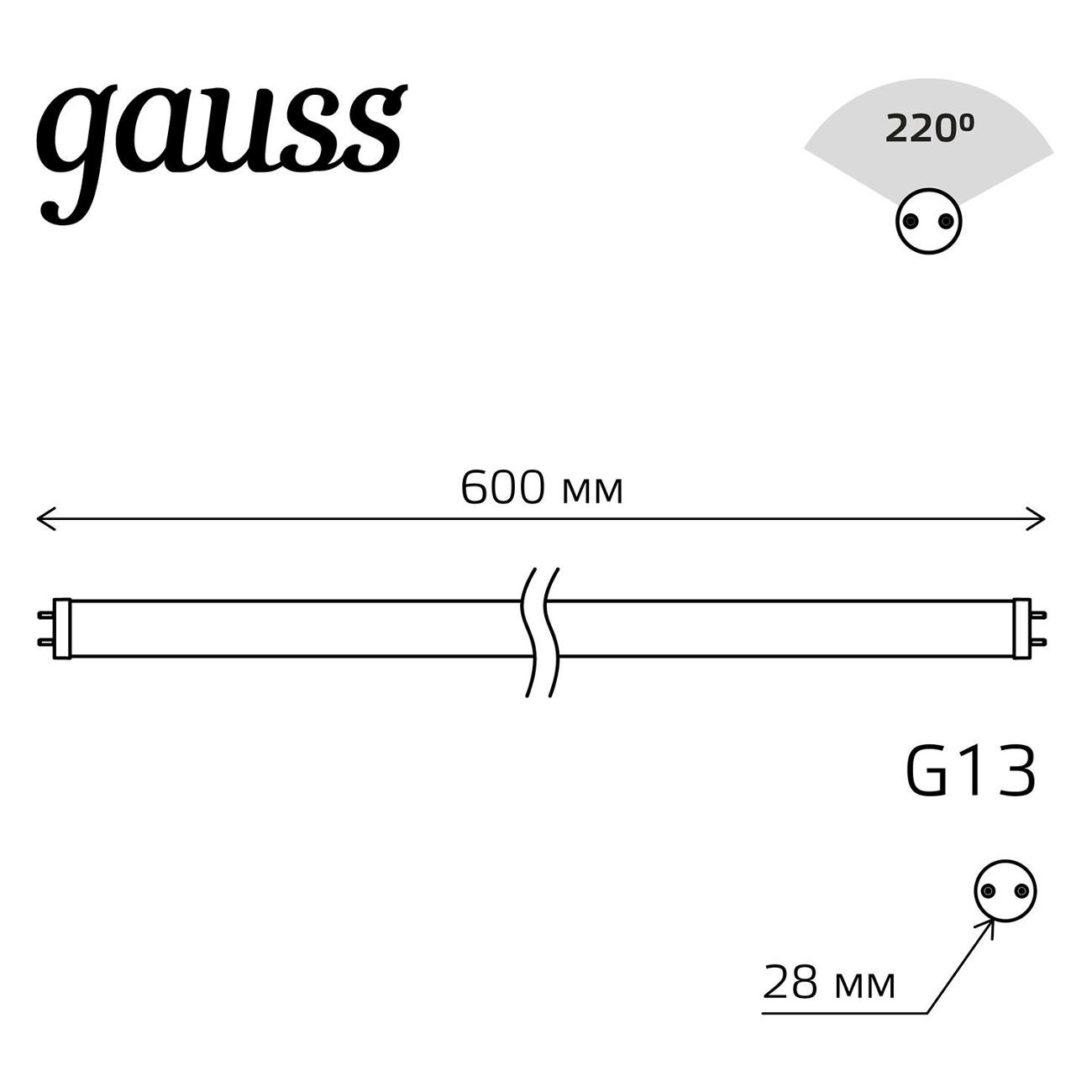 Лампа Gauss Basic T8 10W 800lm 6500K G13 600mm LED 1/20