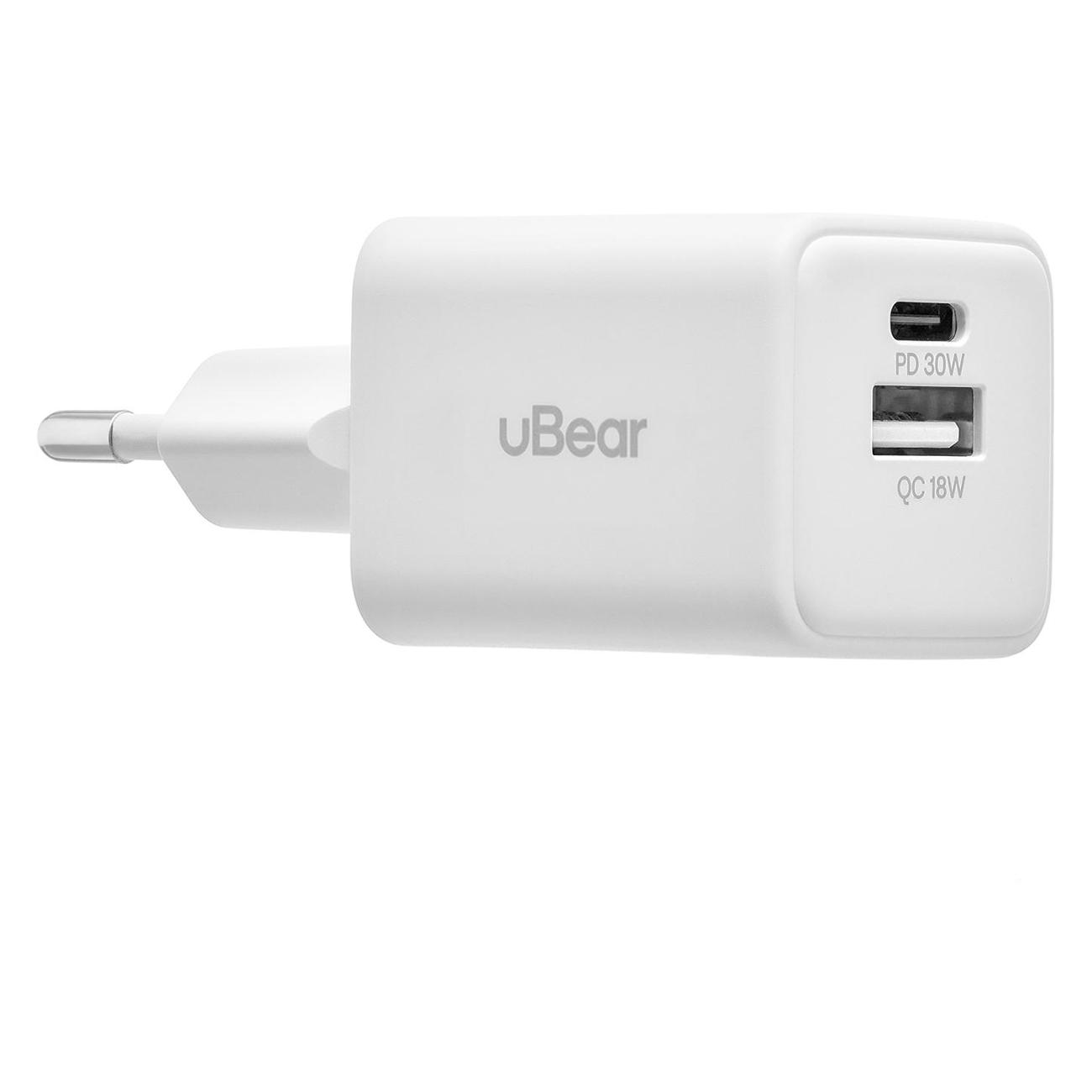 Сетевое зарядное устройство uBear Bridge USB-C+USB-A 30 Вт, GaN + Super Fast Charging