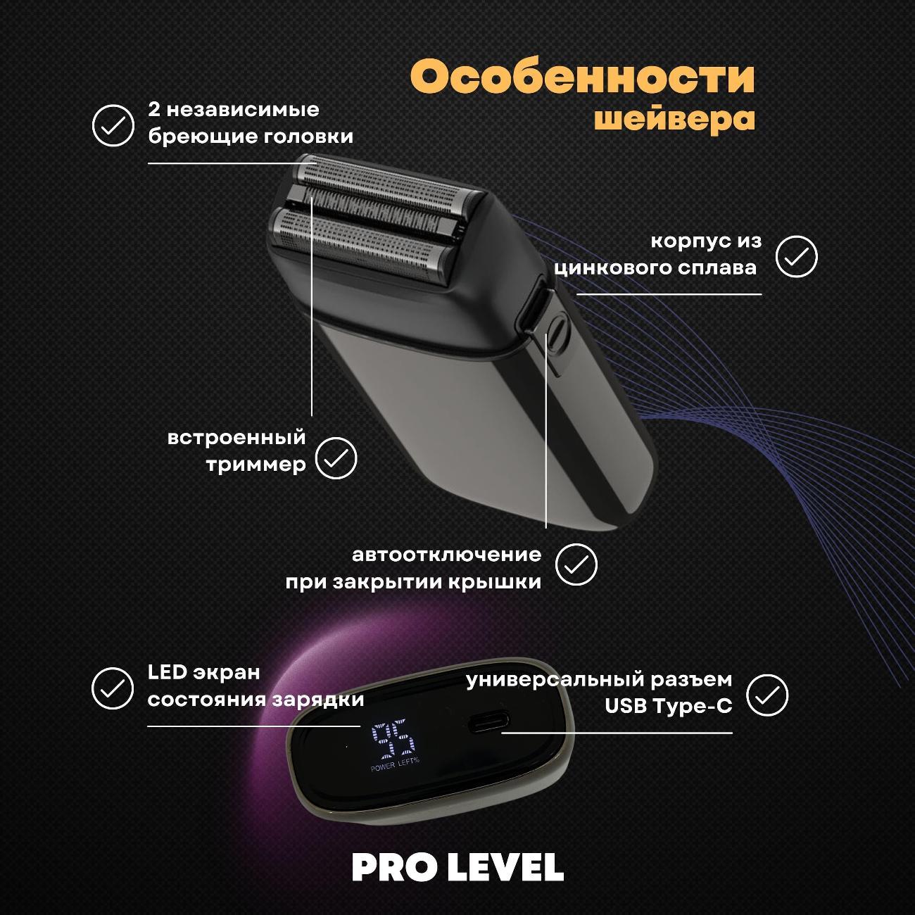 Профессиональный шейвер электробритва DiBiDi PRO LEVEL, роторный, встроенный триммер, LED-экран, время работы 120 минут, Gunsteel