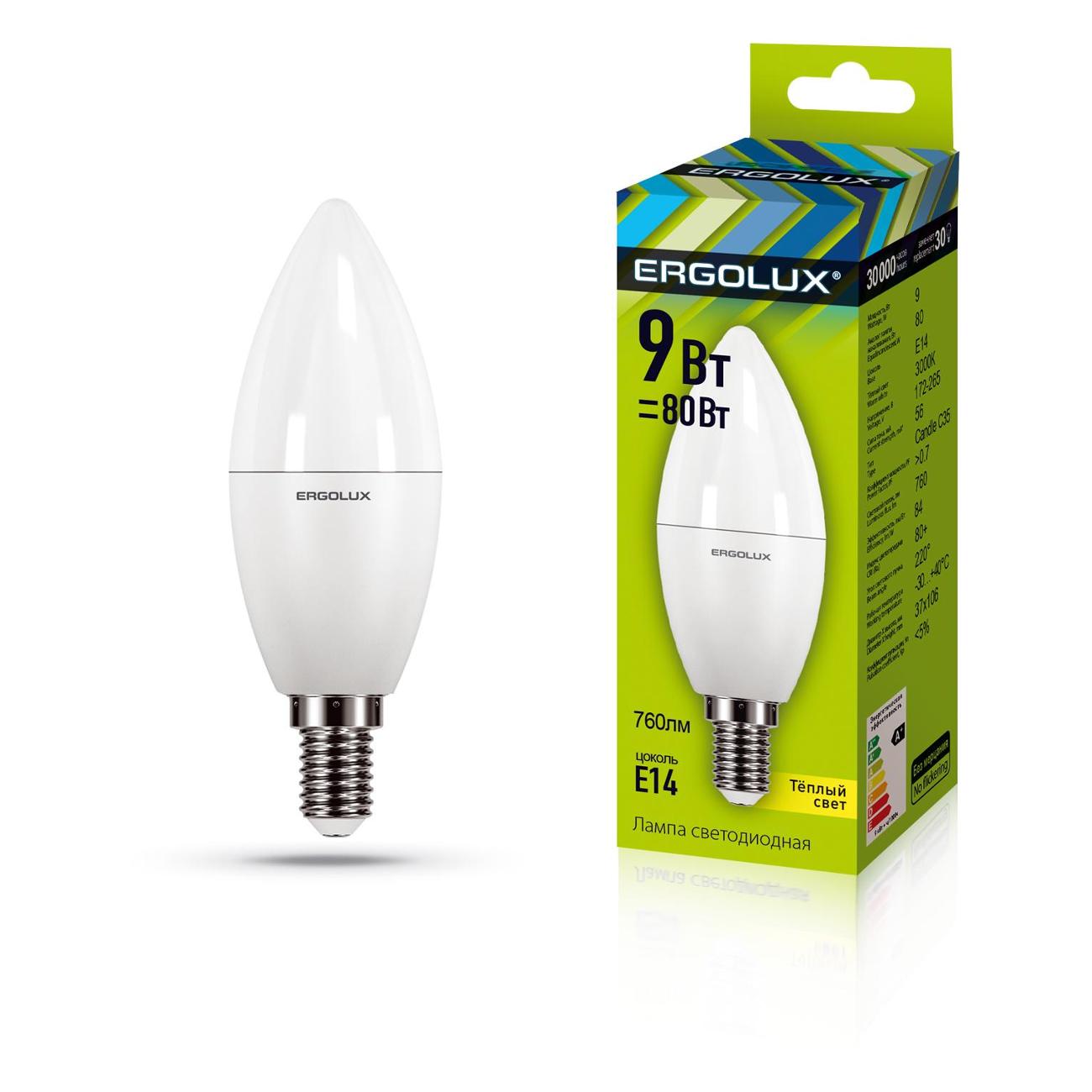 Лампа Ergolux LED-C35-9W-E14-3K (10 шт.)
