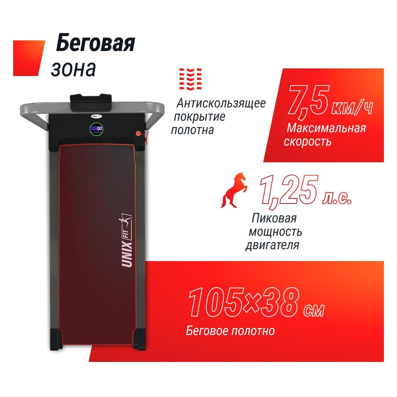 Беговая дорожка для дома UNIX R-200V с поручнем, складная, пиковая мощность 1,25 л.с, до 90 кг, беговое полотно 105x38 см, скорость 0.8-7.5 км/ч