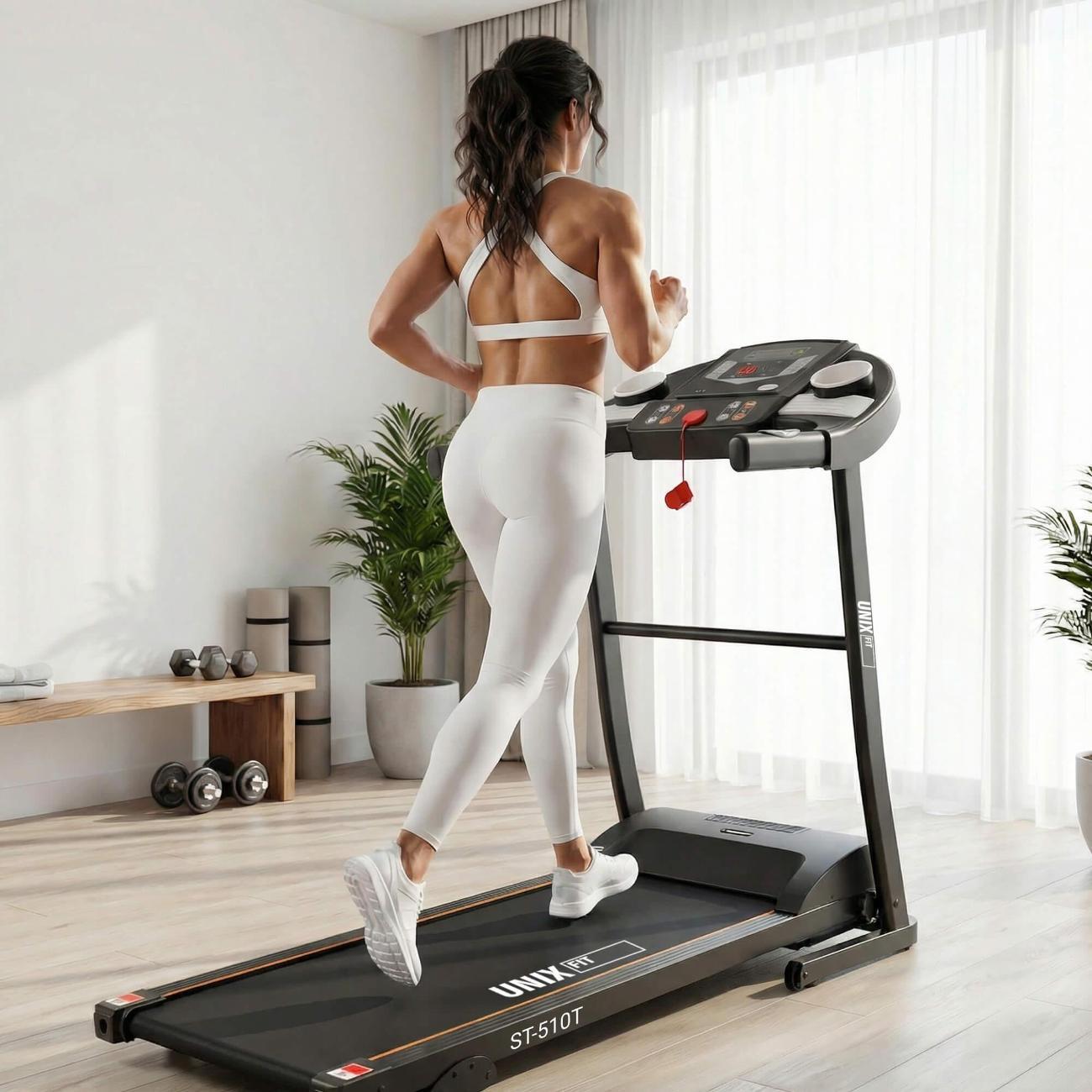 Беговая дорожка для дома UnixFit ST-510T, пиковая мощность 1.75 л.с, до 110 кг, беговое полотно 110x40 см, скорость 0.8 - 10 км/ч, угол наклона 0-10%