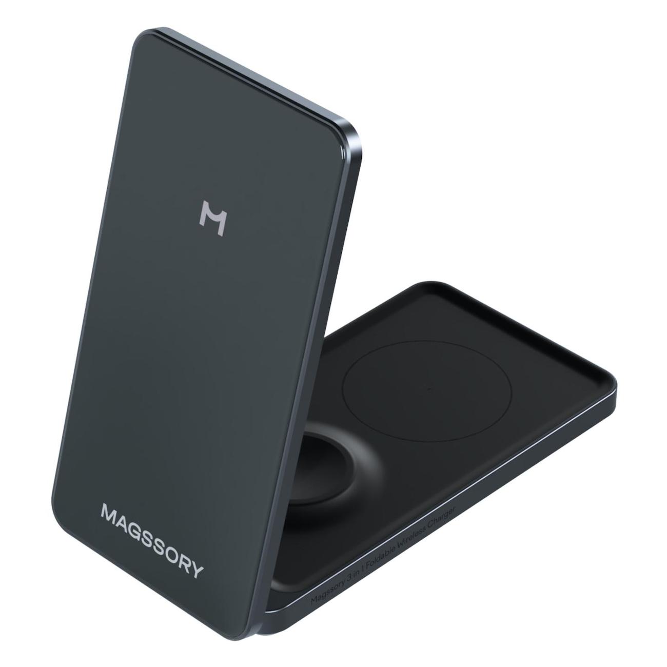 Беспроводное зарядное устройство Magssory Flip 3 в 1 для Apple с магнитами совместимое с MagSafe (WCH014) антрацит