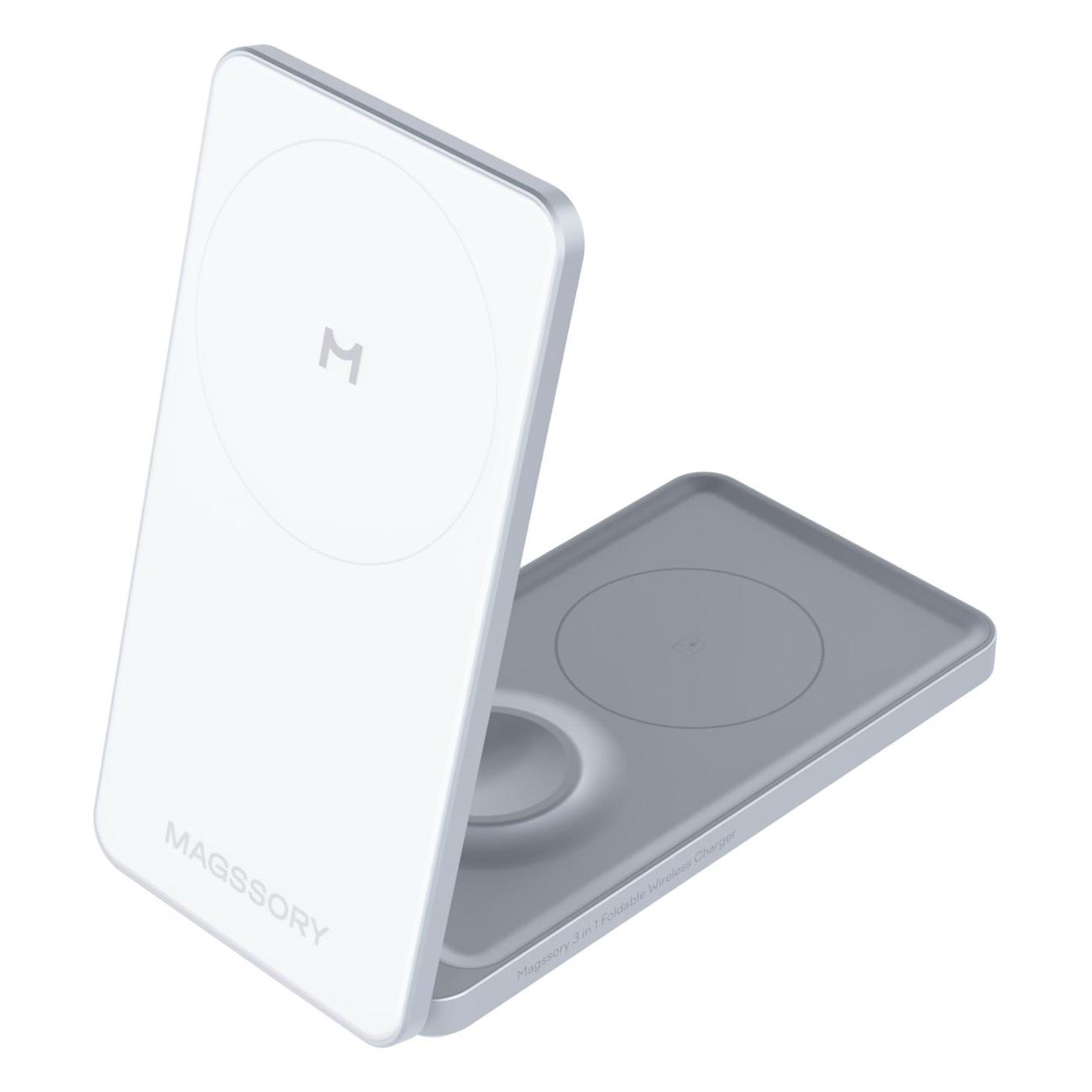 Беспроводное зарядное устройство Magssory Flip 3 в 1 для Apple с магнитами совместимое с MagSafe (WCH014) белое