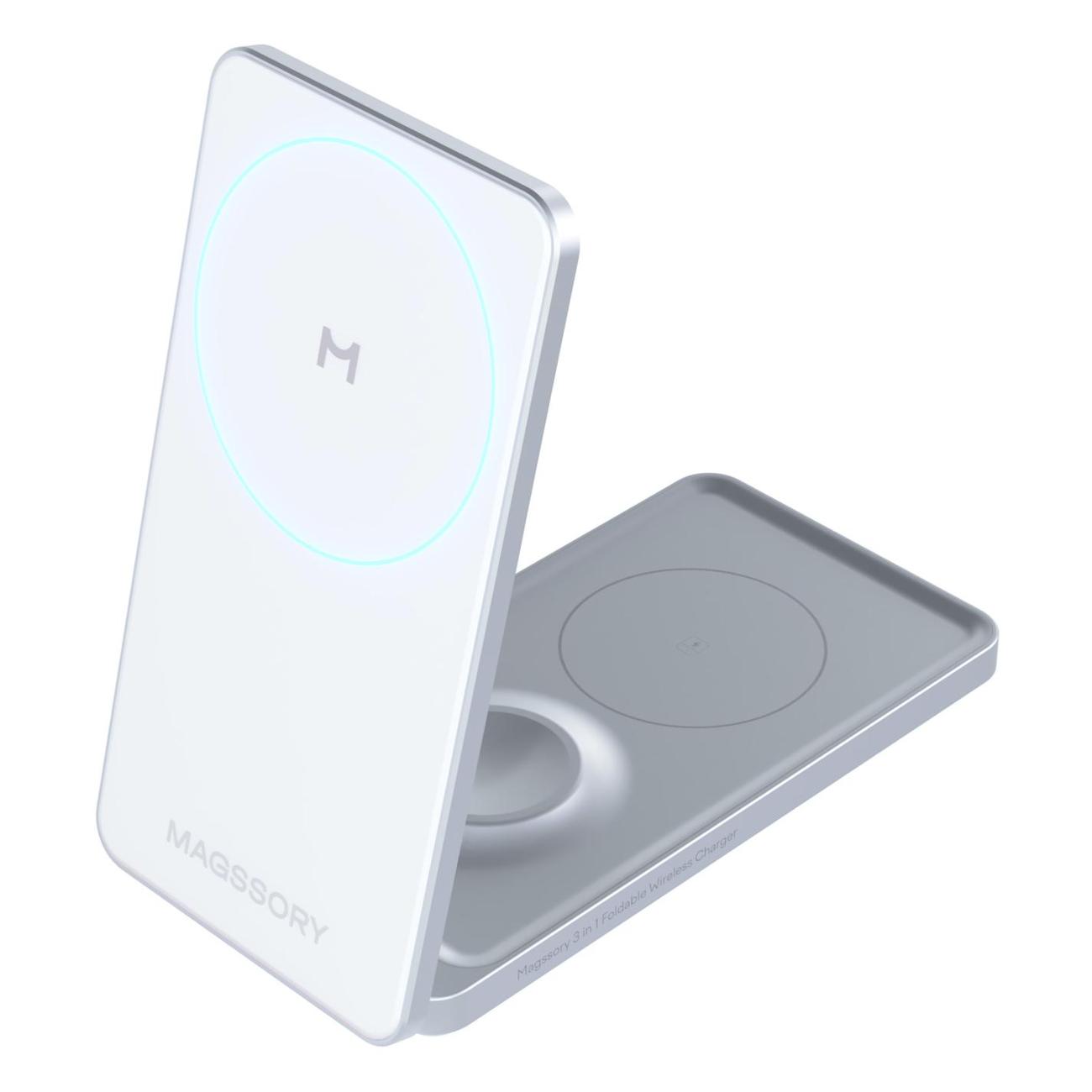 Беспроводное зарядное устройство Magssory Flip 3 в 1 для Apple с магнитами совместимое с MagSafe (WCH014) белое
