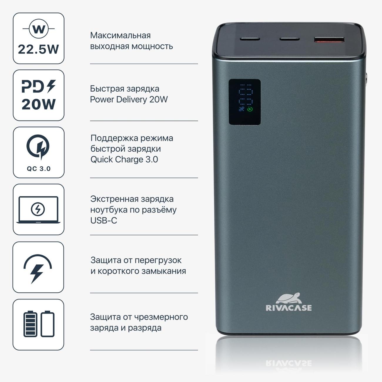 Внешний аккумулятор RIVACASE VA1023 30000 mAh RUS QC/PD металлический