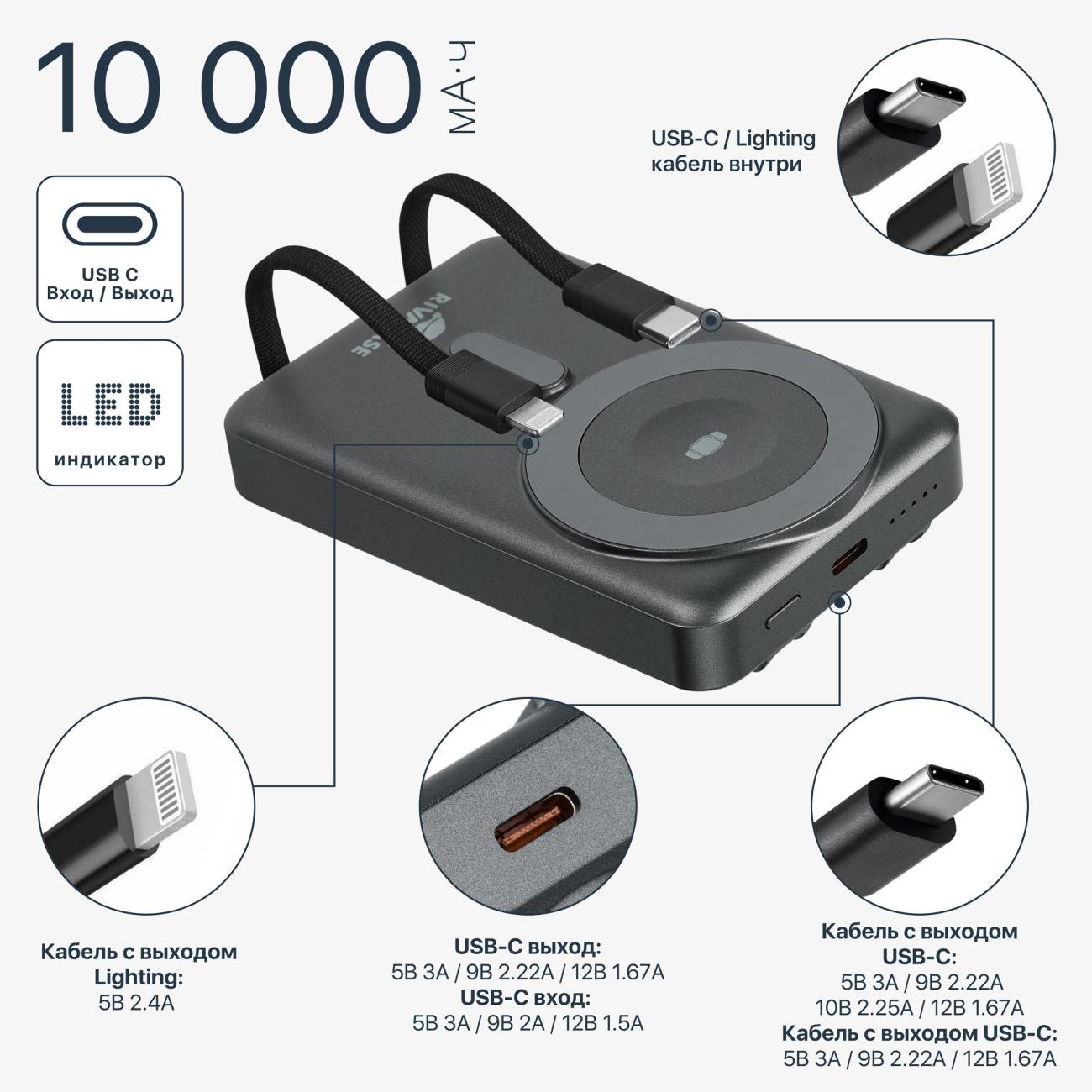 Внешний аккумулятор MagSafe RIVACASE VA2608 10000 мАч 15Вт + QC/PD225Вт + зарядка Apple Watch