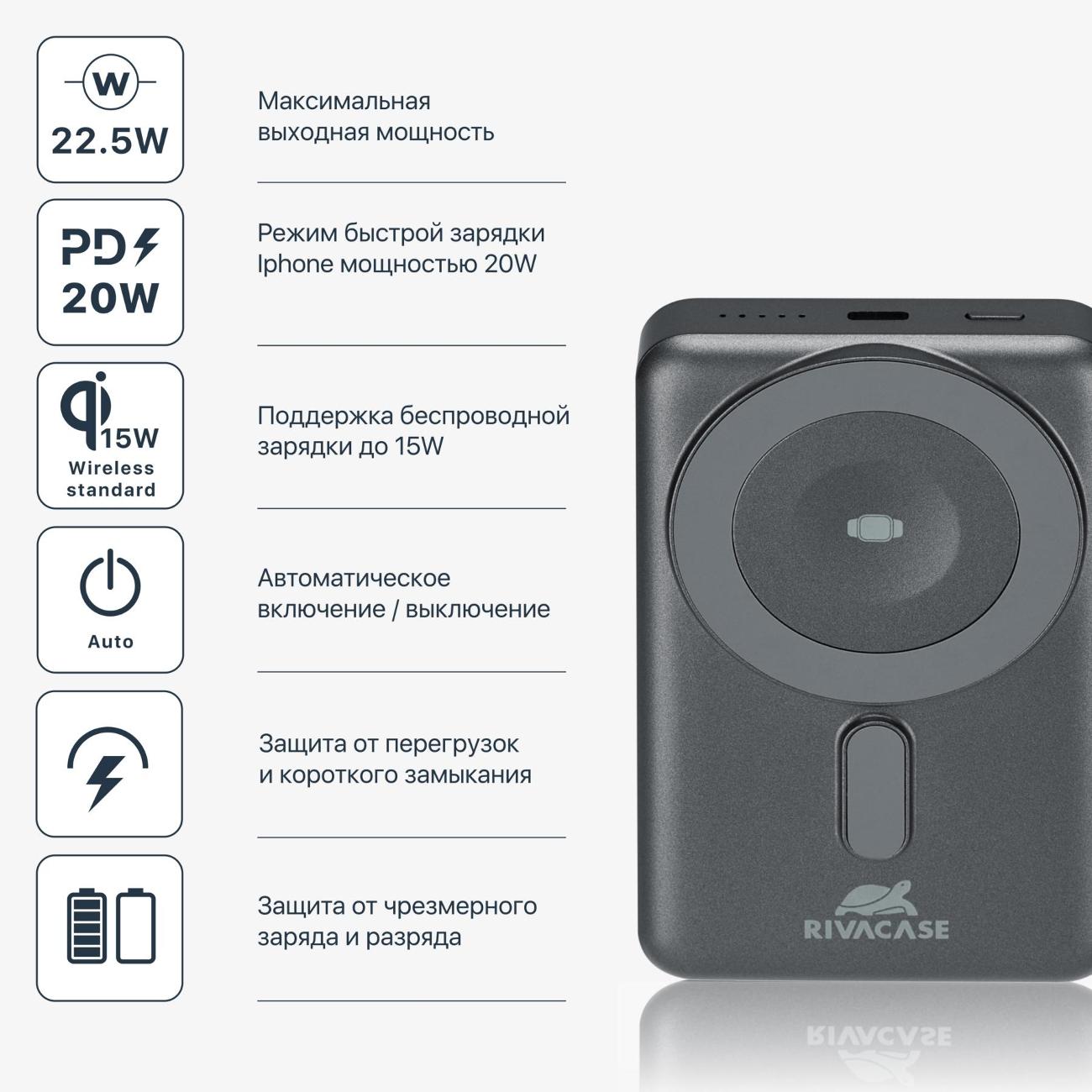 Внешний аккумулятор MagSafe RIVACASE VA2608 10000 мАч 15Вт + QC/PD225Вт + зарядка Apple Watch