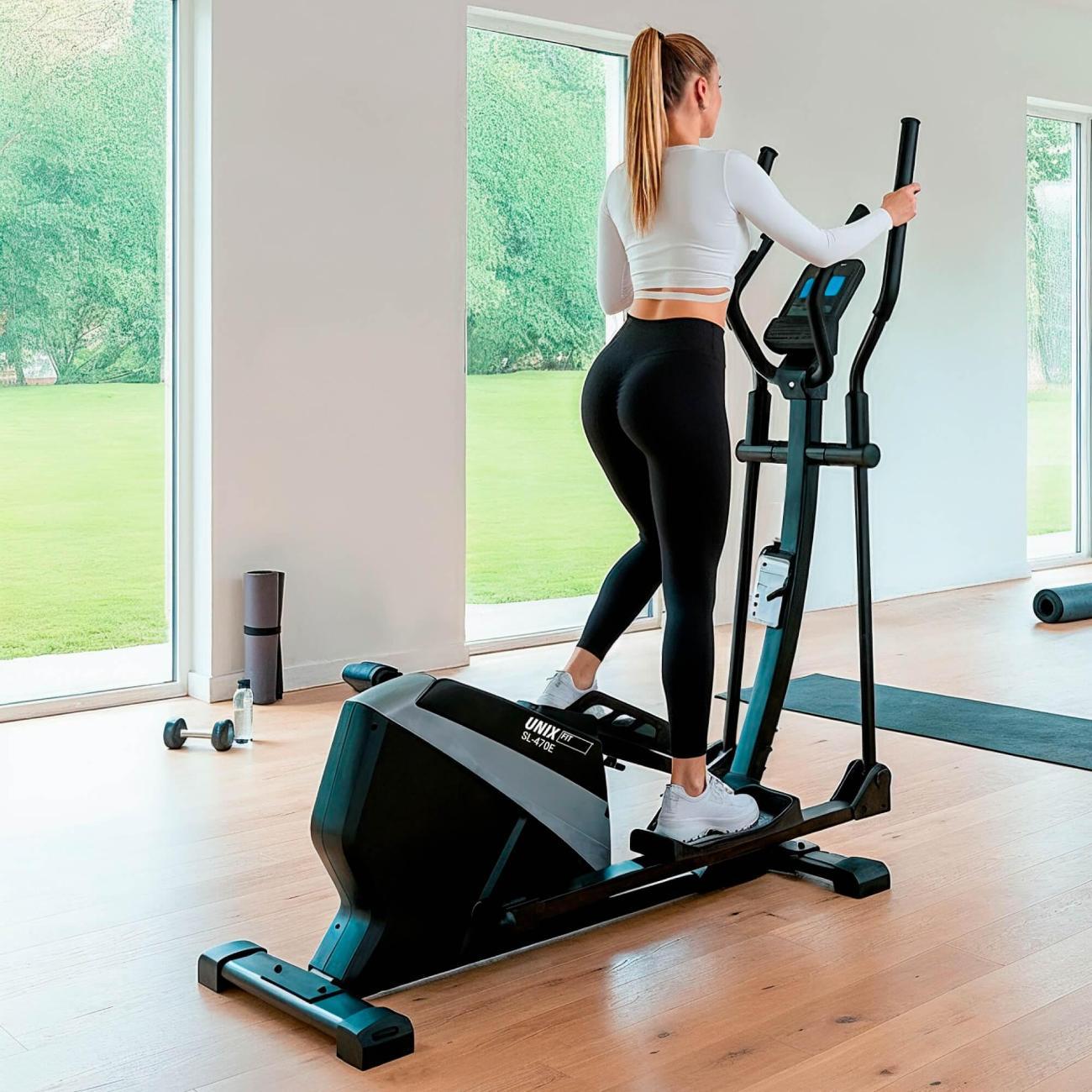 Эллиптический тренажер для дома UnixFit SL-470E электромагнитный, до 150 кг, шаг 47 см, маховик 26 кг, 16 уровней нагрузки