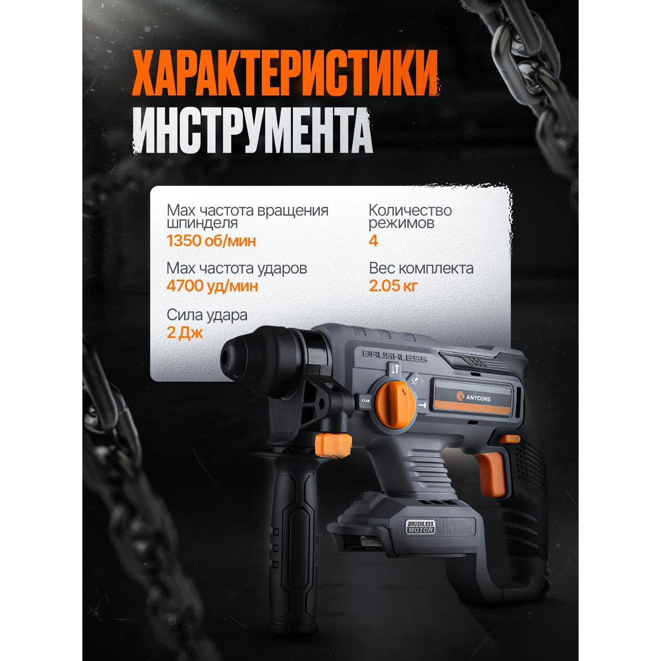 Бесщеточный перфоратор Anycons (без акб) AC-H408 SDS+, AC-H4080