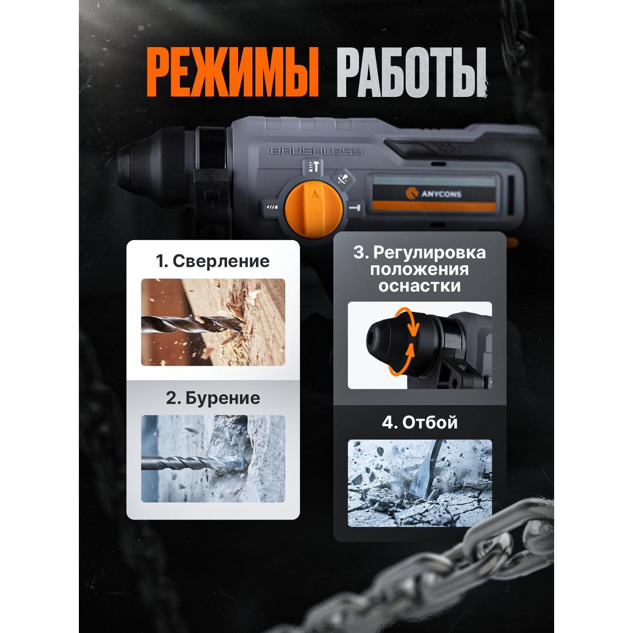 Бесщеточный перфоратор Anycons (2 акк*4 А.ч.) AC-H408 SDS+, AC-H4082