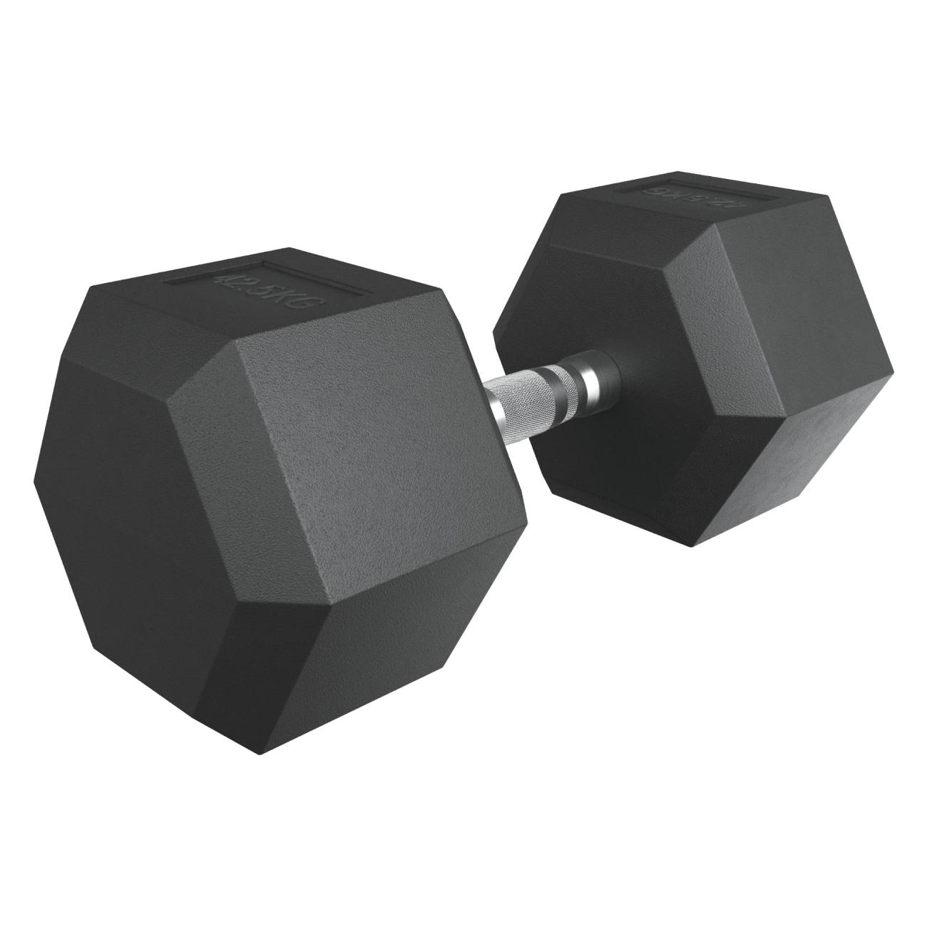 Гантель гексагональная UnixFit обрезиненная 42,5 кг, прорезиненная спортивная гантеля с металлической ручкой литая неразборная, 1 шт.