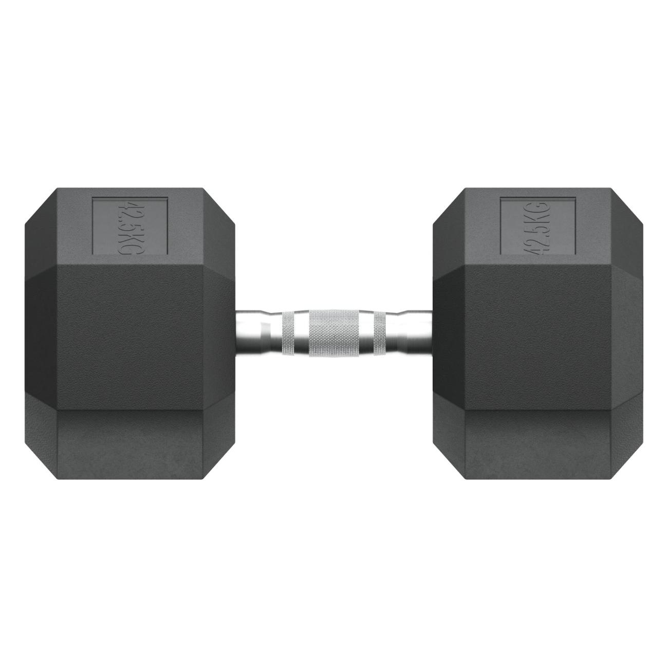 Гантель гексагональная UnixFit обрезиненная 42,5 кг, прорезиненная спортивная гантеля с металлической ручкой литая неразборная, 1 шт.