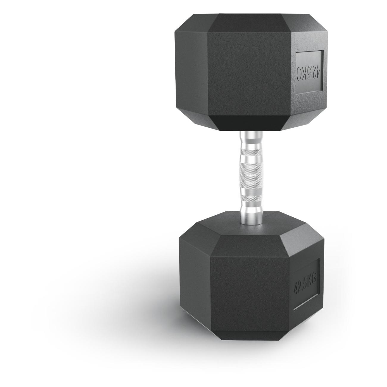 Гантель гексагональная UnixFit обрезиненная 42,5 кг, прорезиненная спортивная гантеля с металлической ручкой литая неразборная, 1 шт.