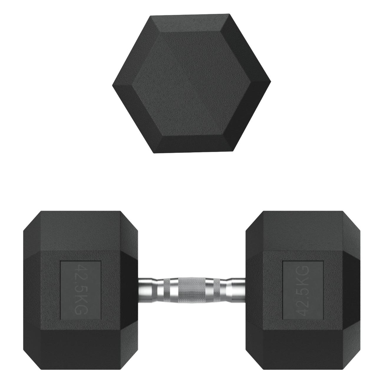 Гантель гексагональная UnixFit обрезиненная 42,5 кг, прорезиненная спортивная гантеля с металлической ручкой литая неразборная, 1 шт.