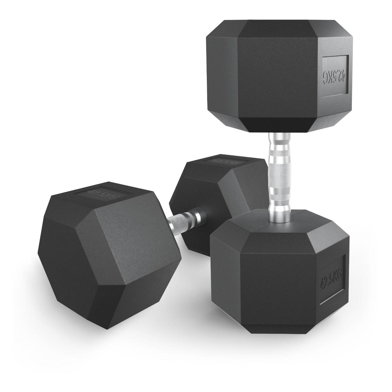 Гантель гексагональная UnixFit обрезиненная 42,5 кг, прорезиненная спортивная гантеля с металлической ручкой литая неразборная, 1 шт.