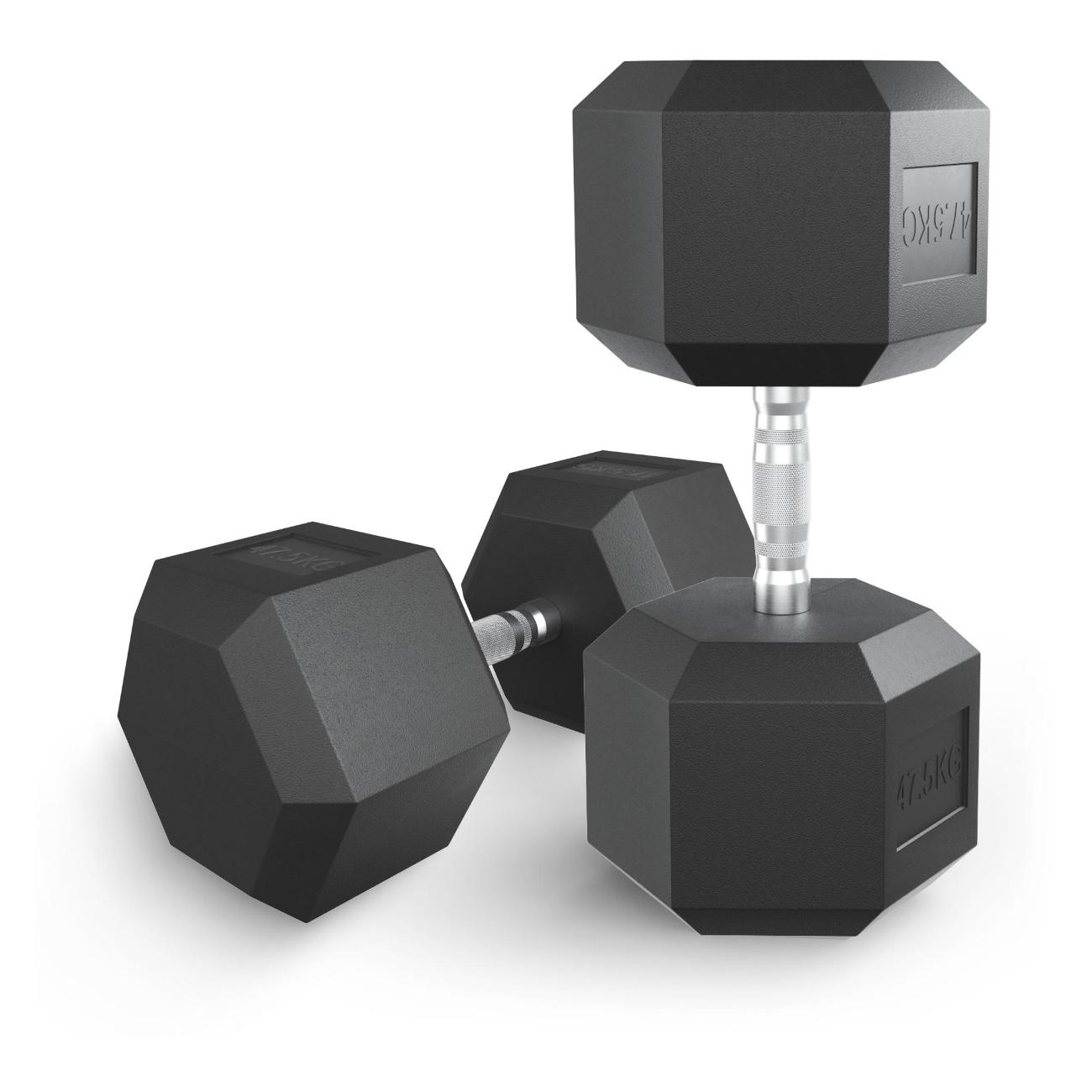 Гантель гексагональная UnixFit обрезиненная 47,5 кг, прорезиненная спортивная гантеля с металлической ручкой литая неразборная, 1 шт.