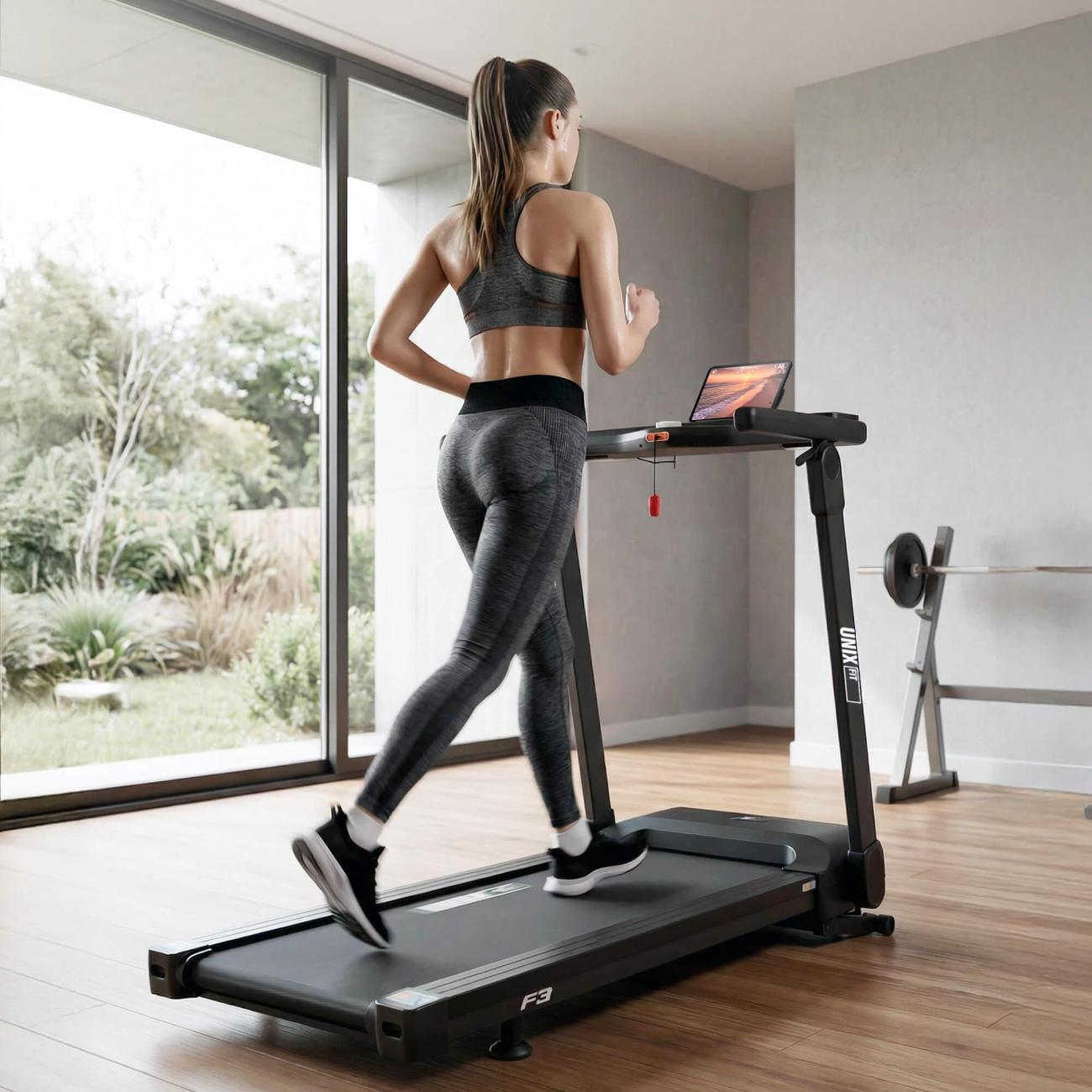 Беговая дорожка для дома UnixFit высокотехнологичная / Hi-tech F3 PLUS серый складная, пиковая мощность 2,5 л.с., до 120 кг, беговое полотно 130x48 см, скорость 1-16 км/ч, угол наклона 0-18%
