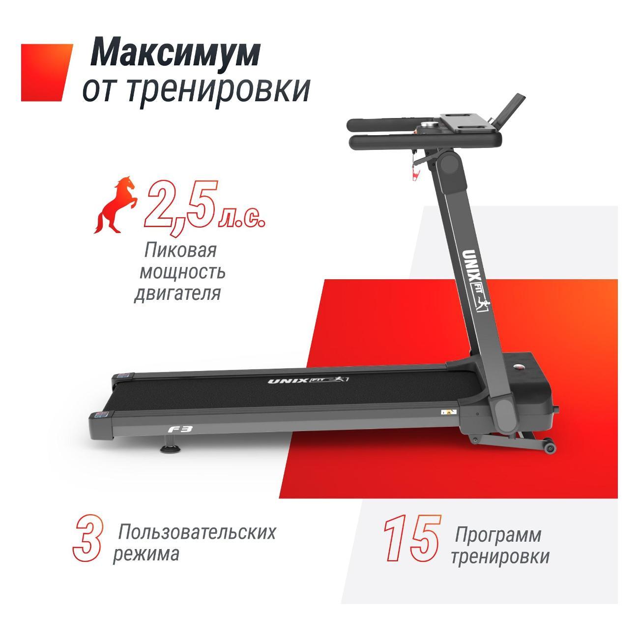 Беговая дорожка для дома UnixFit высокотехнологичная / Hi-tech F3 PLUS серый складная, пиковая мощность 2,5 л.с., до 120 кг, беговое полотно 130x48 см, скорость 1-16 км/ч, угол наклона 0-18%