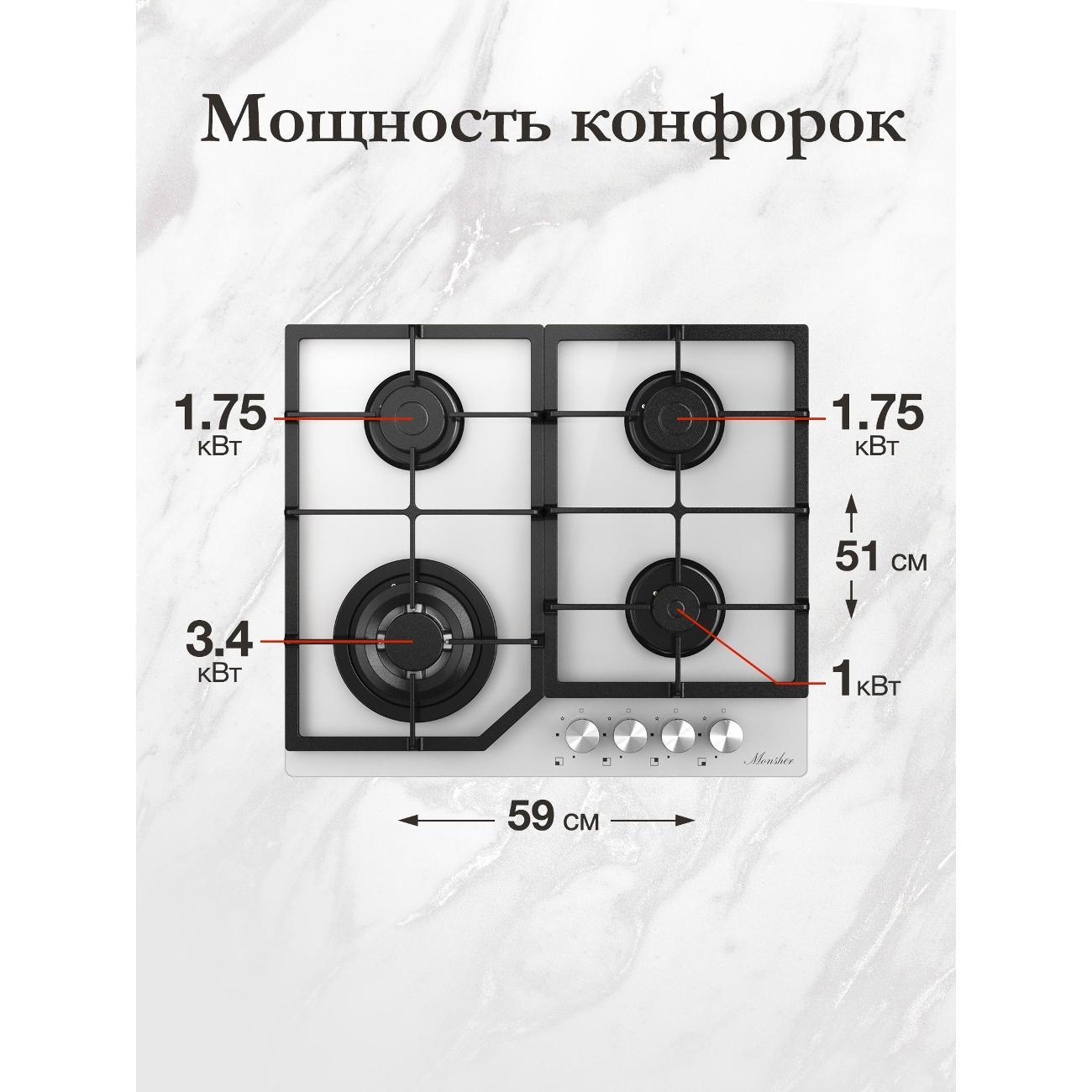 Встраиваемая газовая панель независимая Monsher MGG 63 Blanc