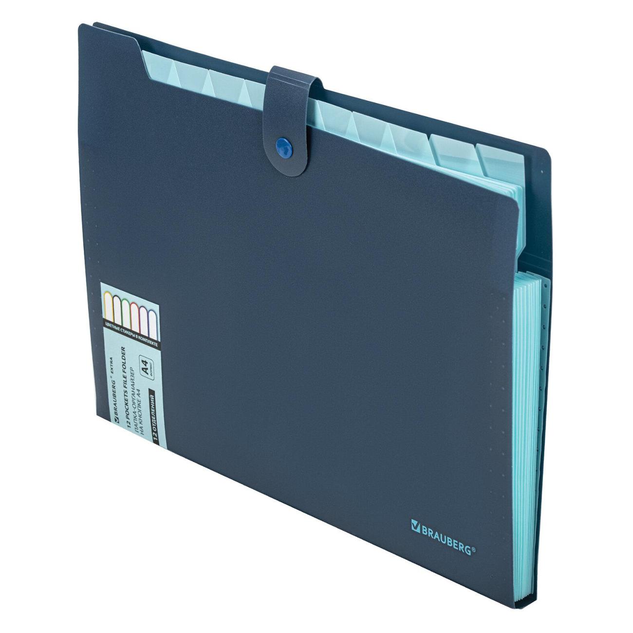 Папка А4 для документов Brauberg 12 отделений, Extra, А4, синяя с голубым, 271933