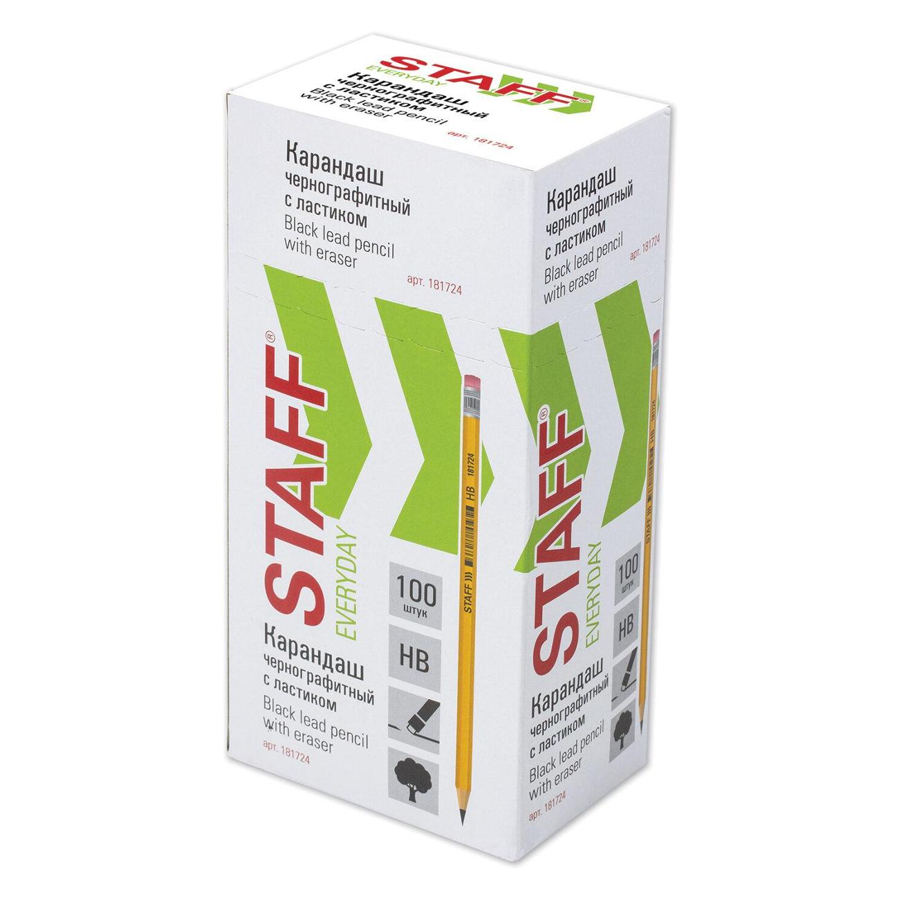 Карандаш Staff BLP-724 HB 100шт, с ластиком 880432