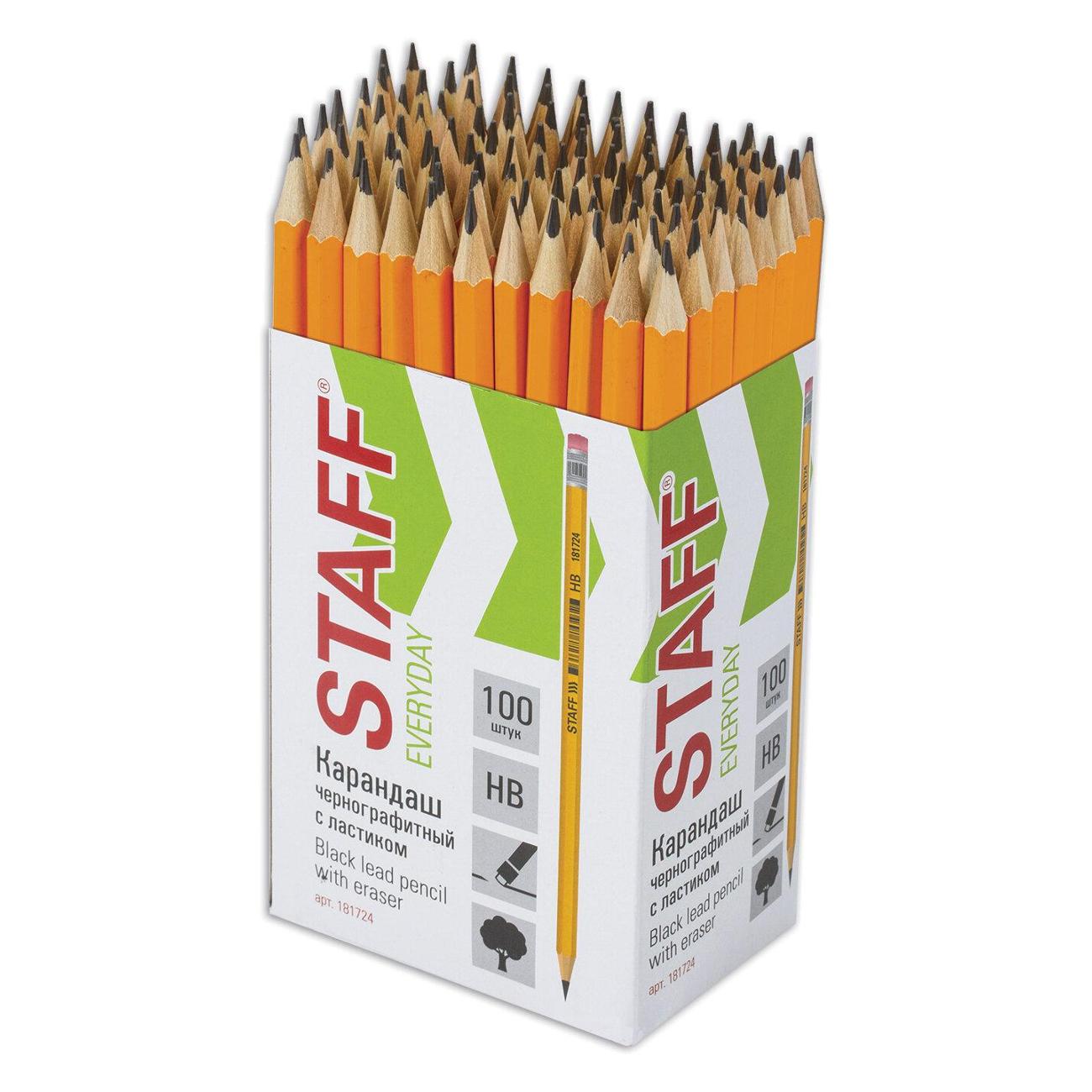 Карандаш Staff BLP-724 HB 100шт, с ластиком 880432