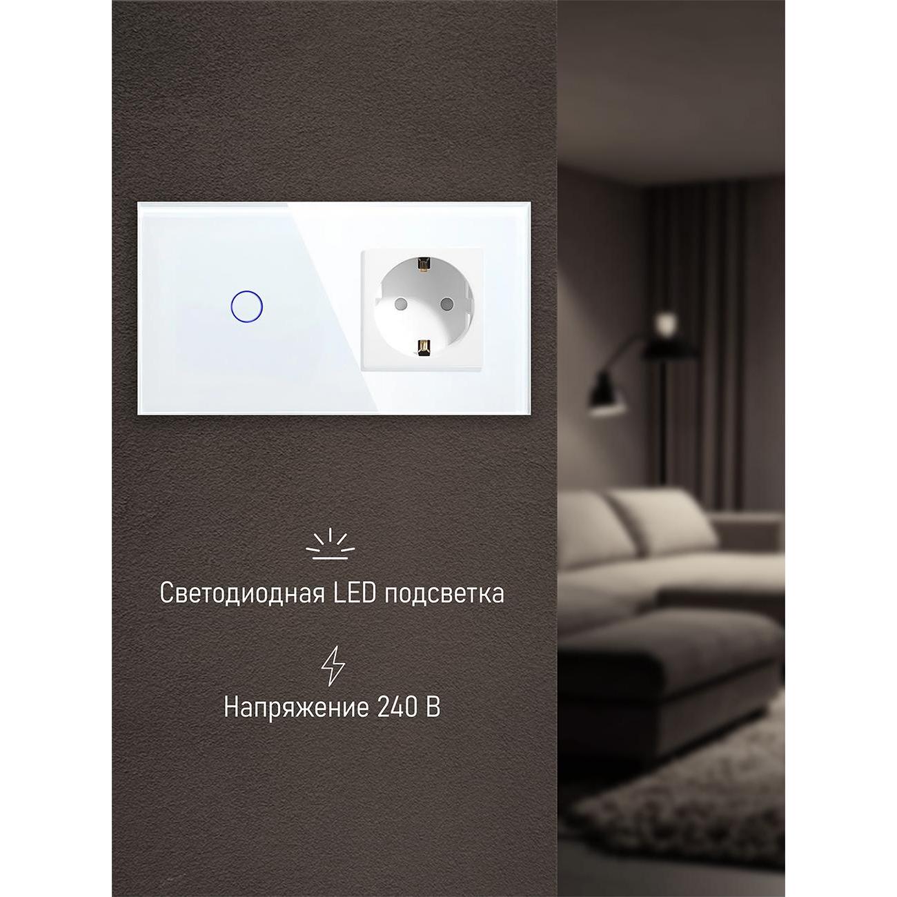 Розетка электрическая Vell WH2P-1G-1EU с розеткой, сенсорный, 2 поста, 1 кнопка + розетка, стекло, белый