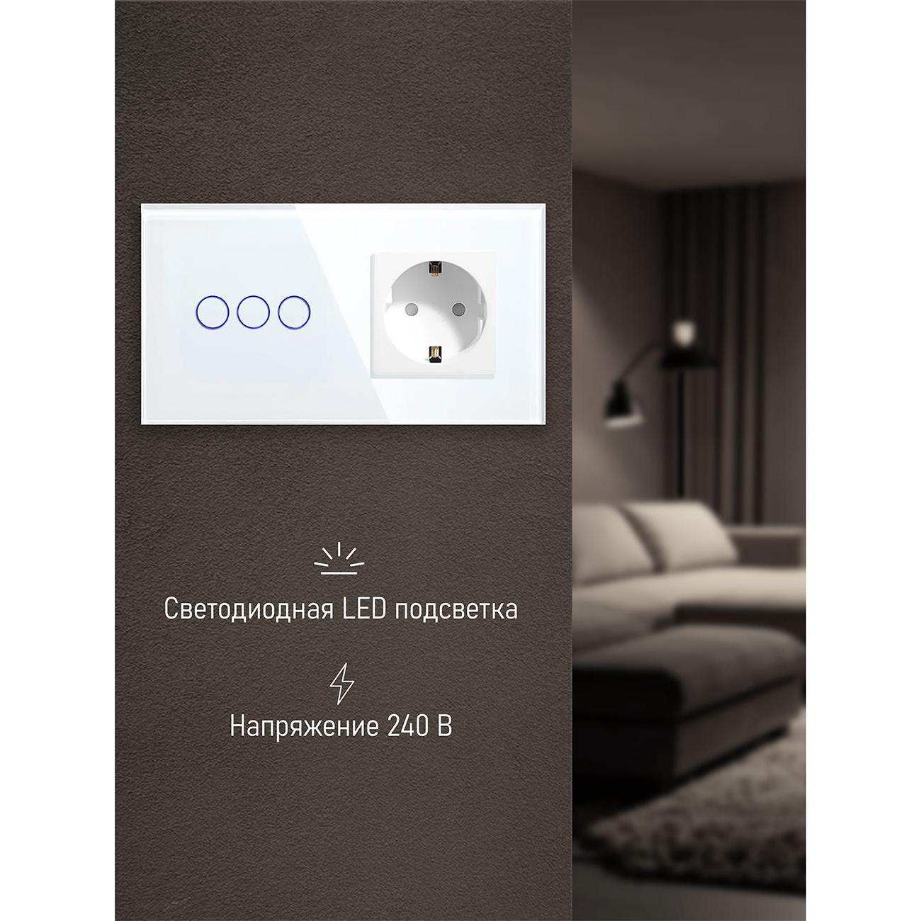 Блок комбинированный Vell WH2P-3G-1EU с розеткой, сенсорный, 2 поста, 3 кнопки + розетка, стекло, белый