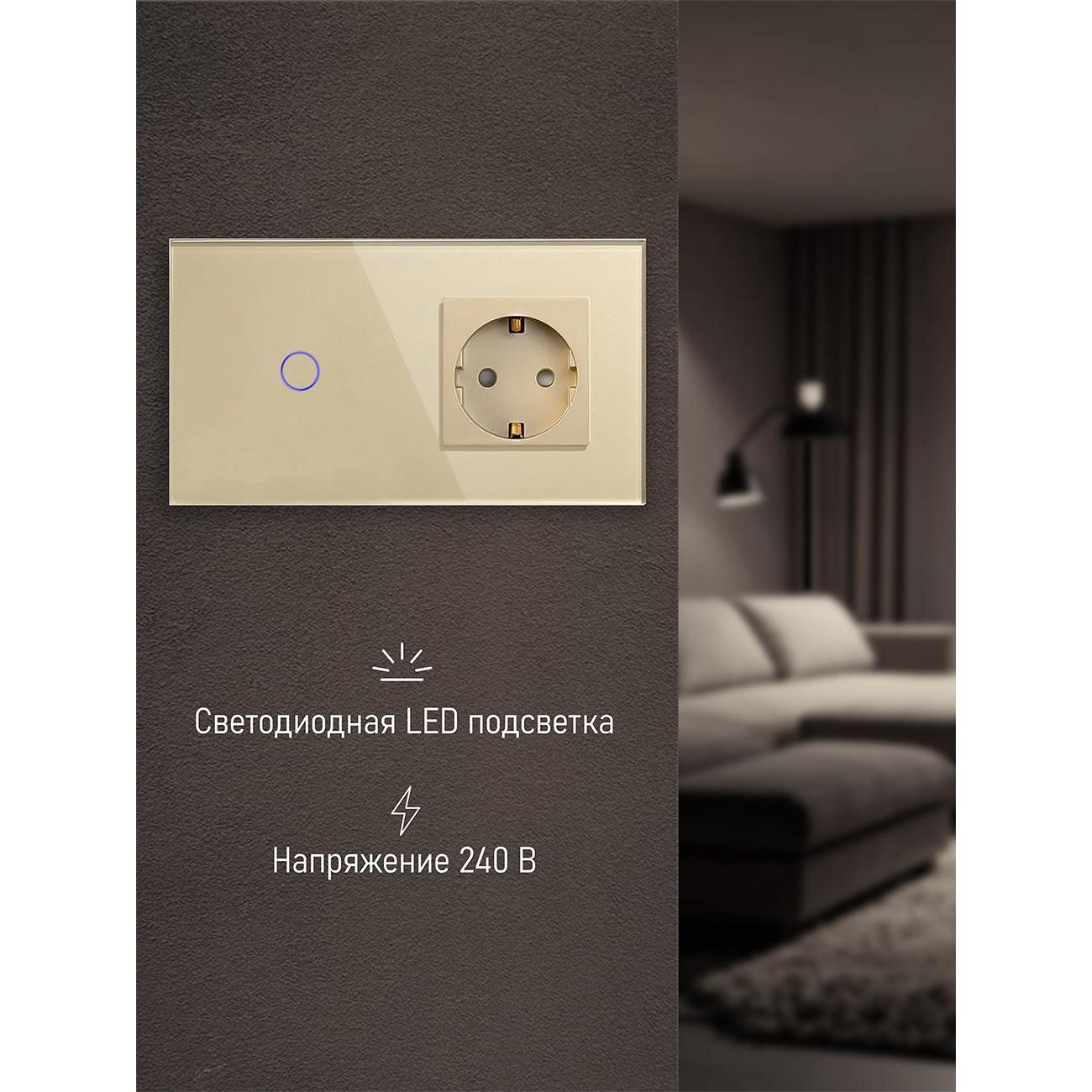 Блок комбинированный Vell GD2P-1G-1EU с розеткой, сенсорный, 2 поста, 1 кнопка + розетка, стекло, золотистый