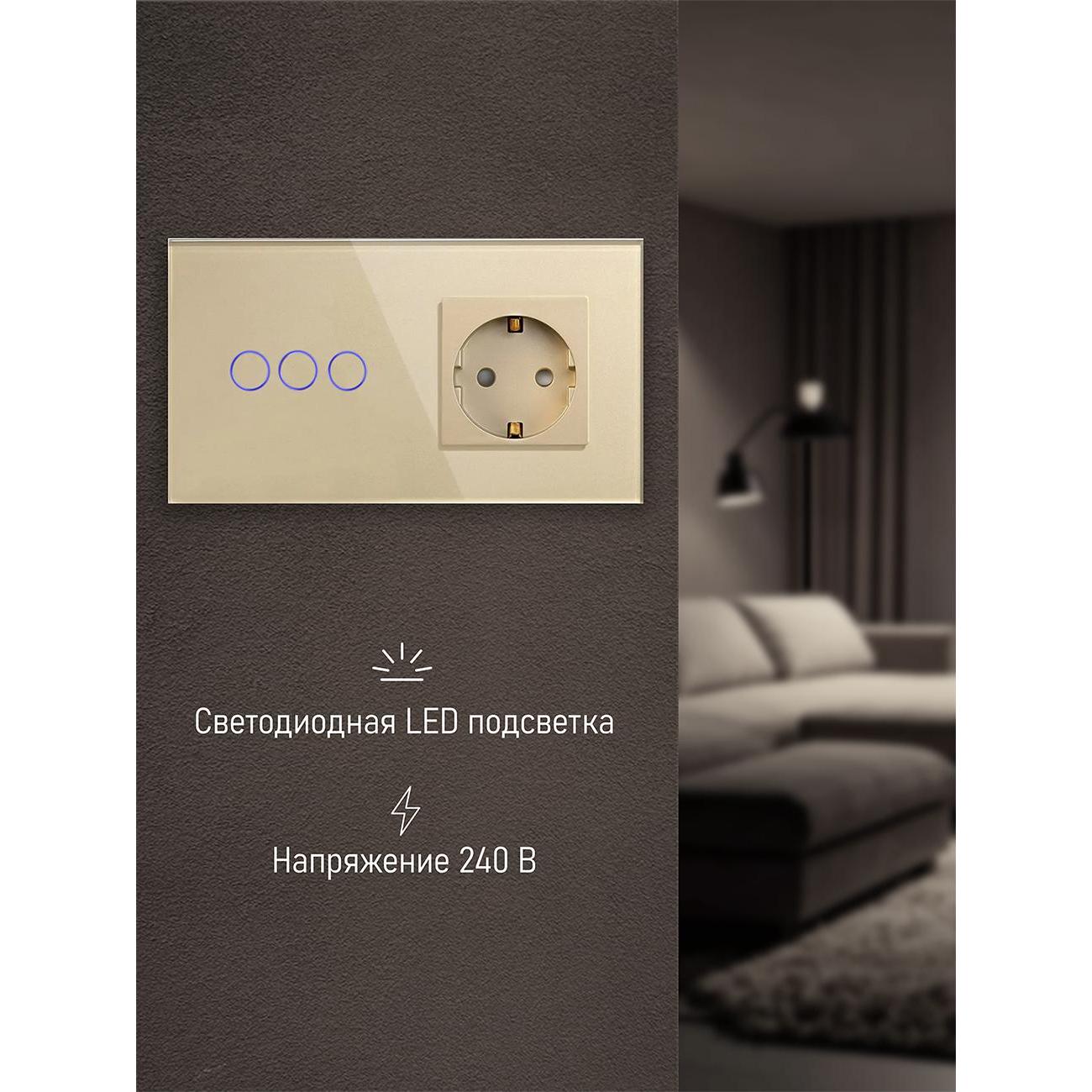 Блок комбинированный Vell GD2P-3G-1EU с розеткой, сенсорный, 2 поста, 3 кнопки + розетка, стекло, золотистый