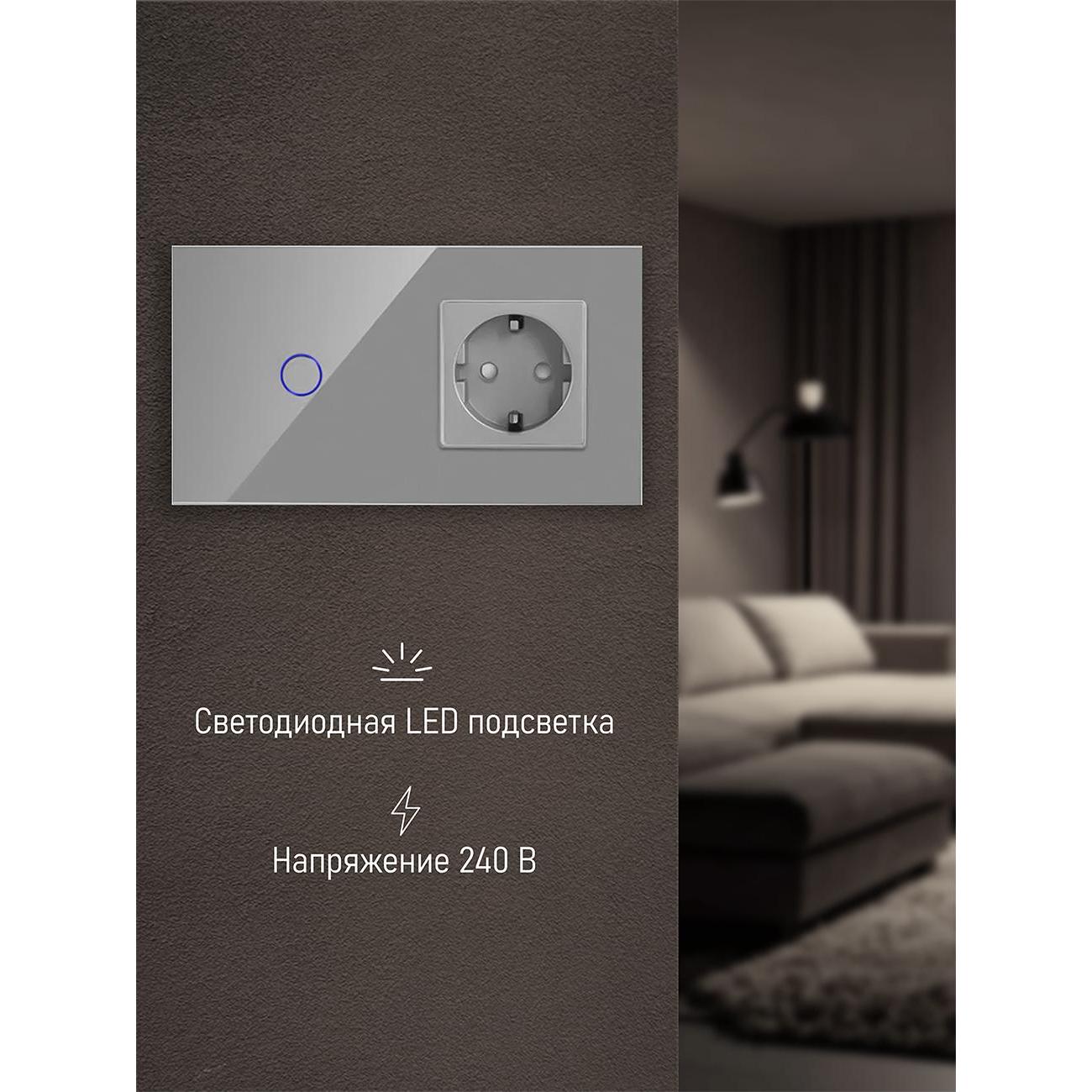 Блок комбинированный Vell GY2P-1G-1EU с розеткой, сенсорный, 2 поста, 1 кнопка + розетка, стекло, серый