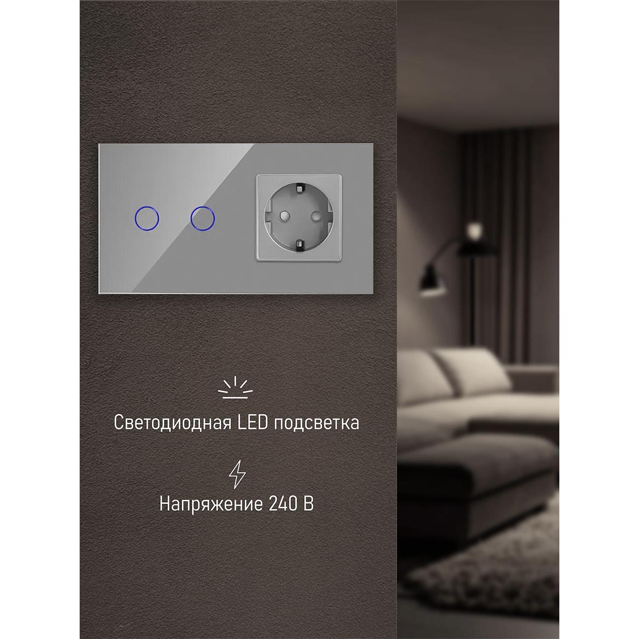 Блок комбинированный Vell GY2P-2G-1EU с розеткой, сенсорный, 2 поста, 2 кнопки + розетка, стекло, серый